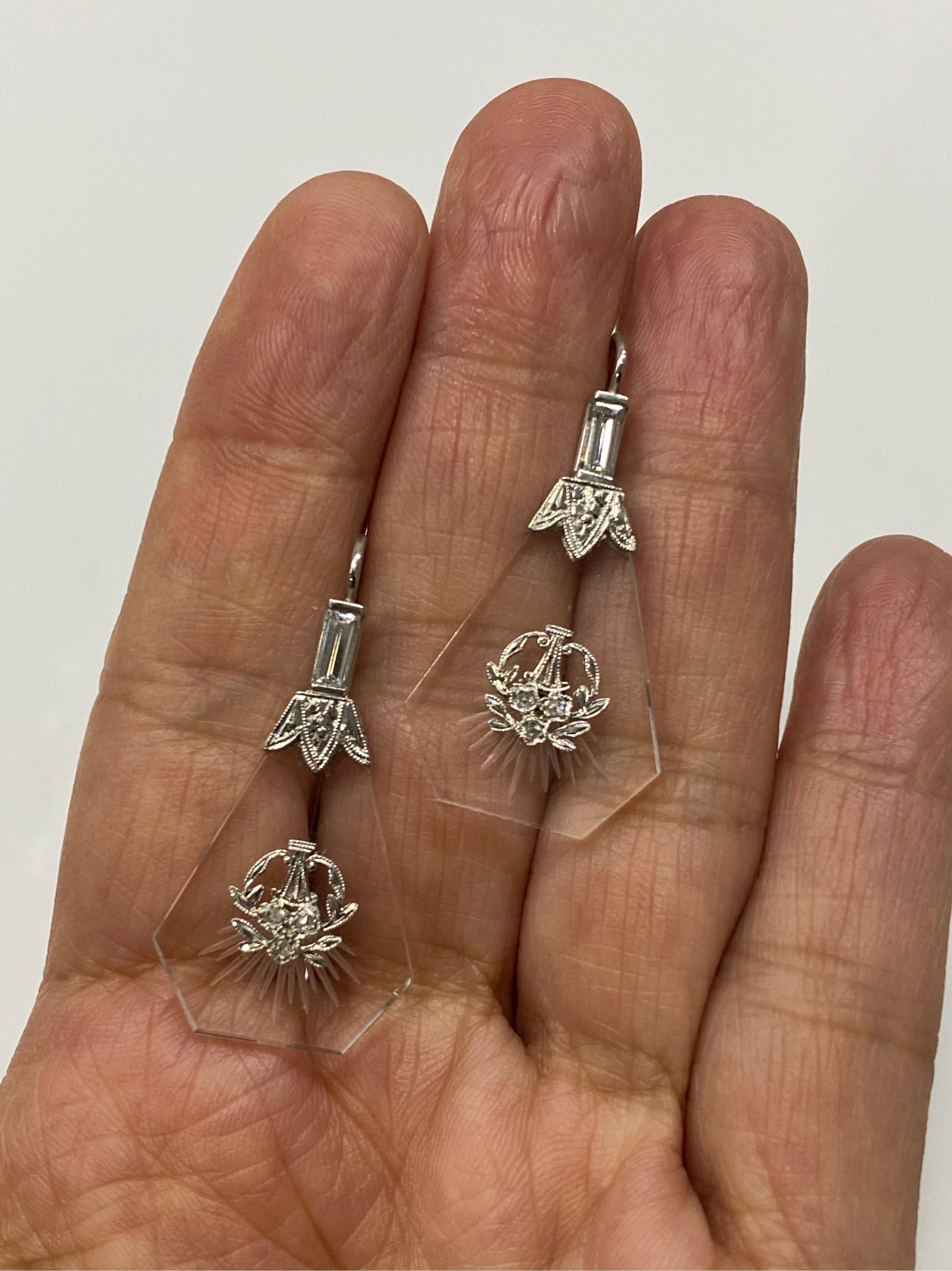 Baguette Cut Mindi Mond Etched Crystal Diamond Platinum Victorian Style Drop Earrings For Sale