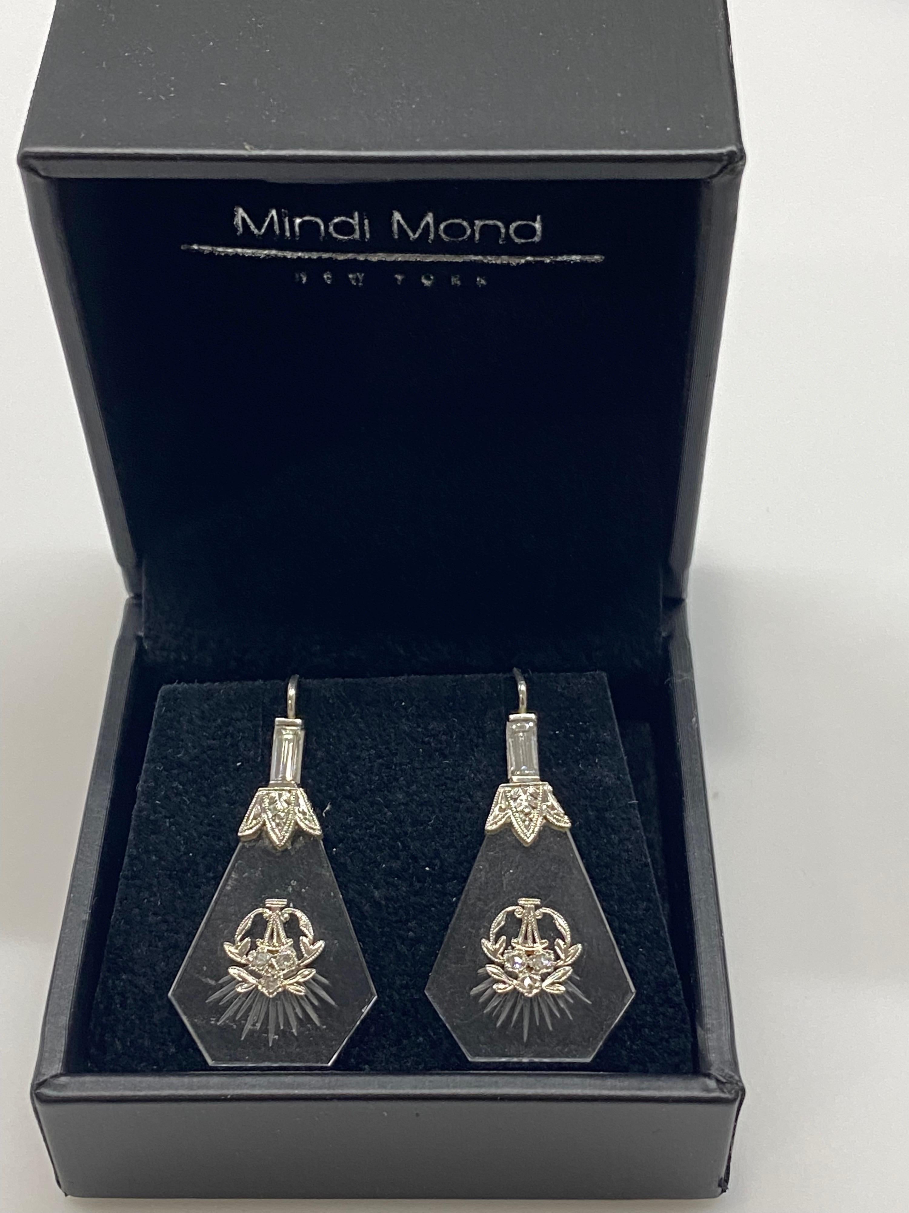 Mindi Mond Etched Crystal Diamond Platinum Victorian Style Drop Earrings In Excellent Condition For Sale In New York, NY