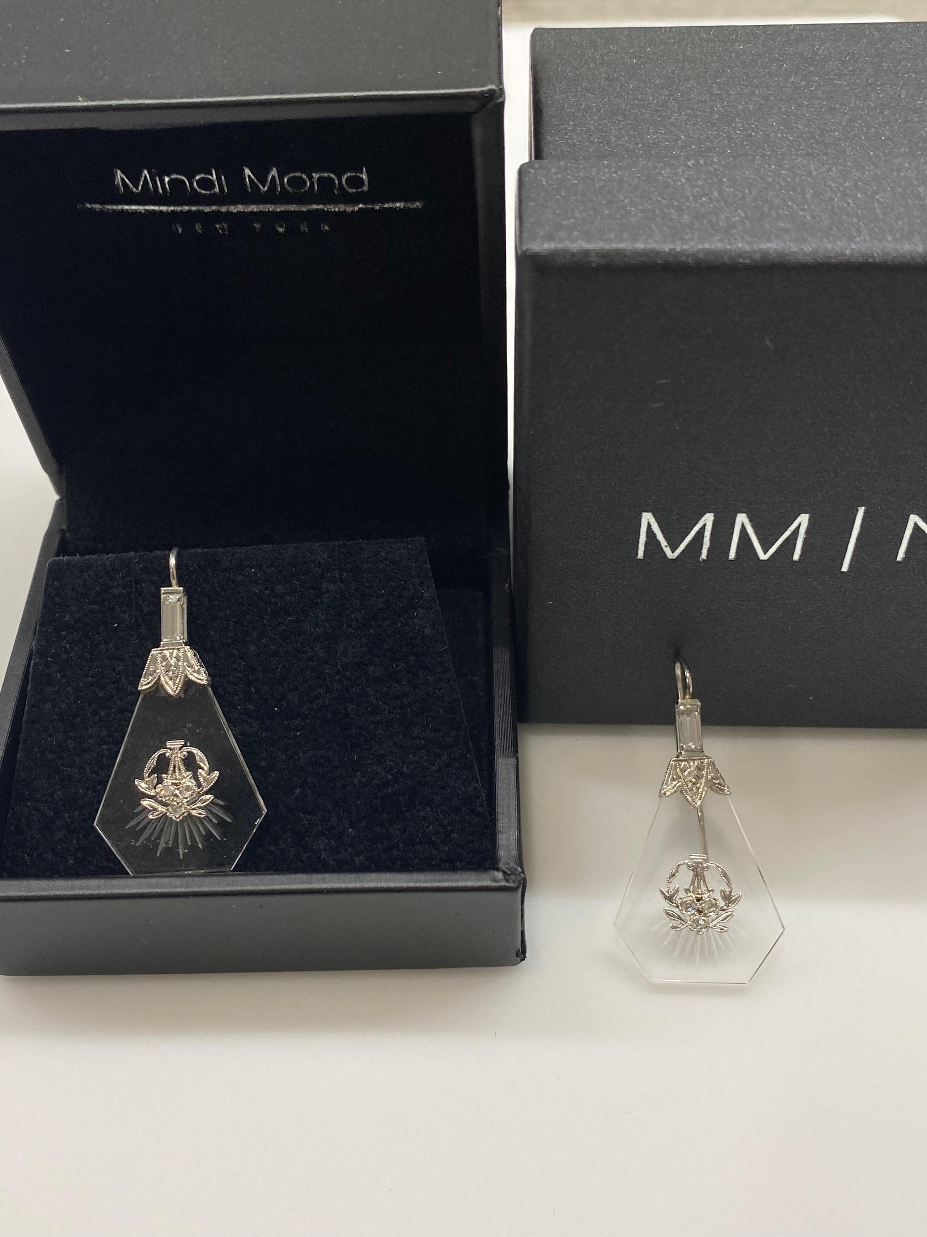 Women's or Men's Mindi Mond Etched Crystal Diamond Platinum Victorian Style Drop Earrings For Sale