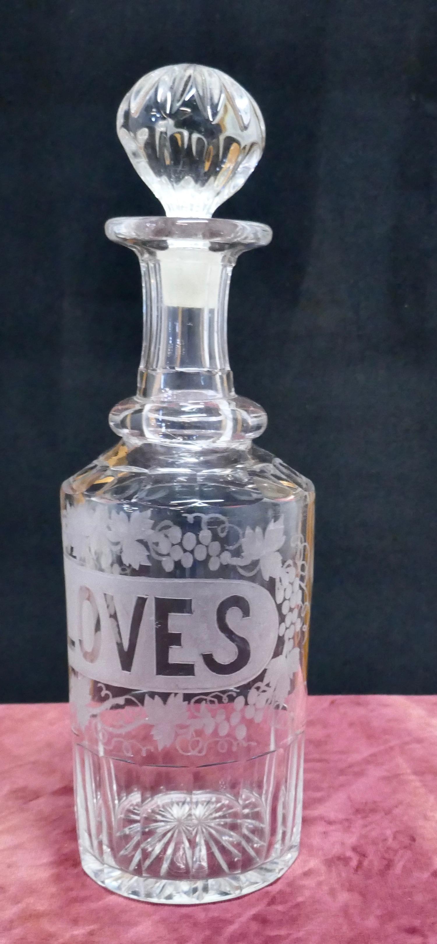 19th Century Victorian Etched Crystal Cloves Decanter For Sale