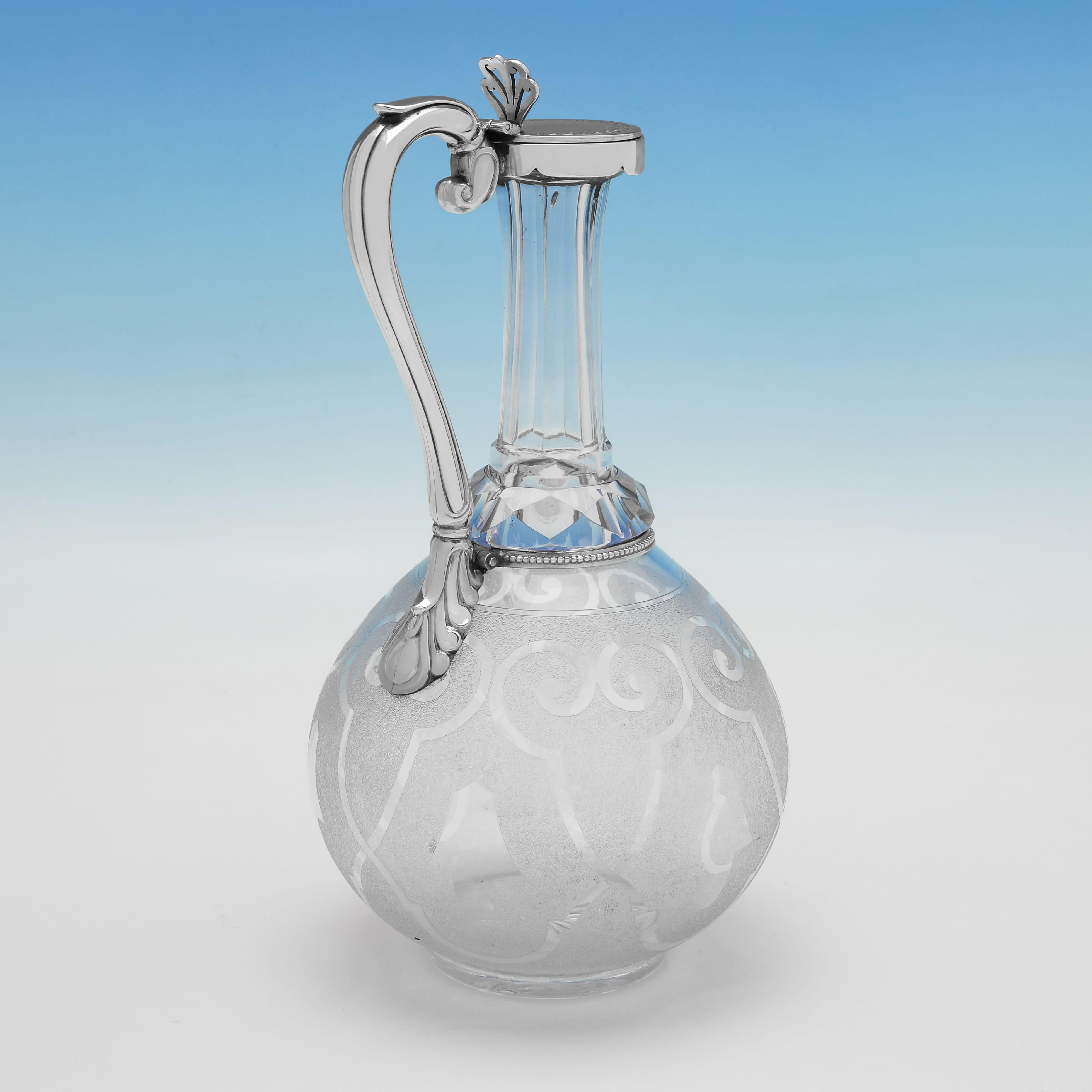English Victorian etched glass & sterling silver claret jug - Birmingham 1867 For Sale