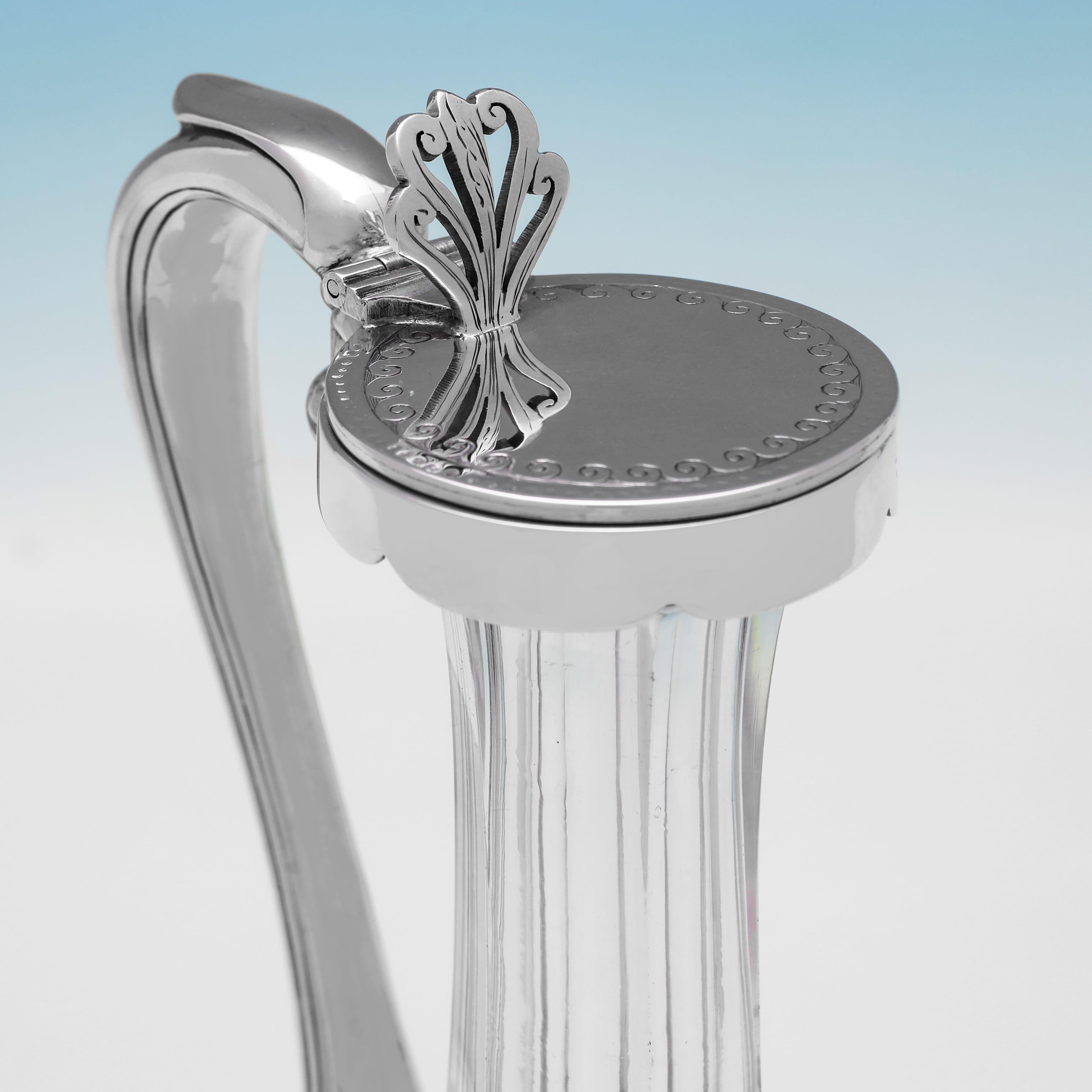 Victorian etched glass & sterling silver claret jug - Birmingham 1867 In Good Condition For Sale In London, London