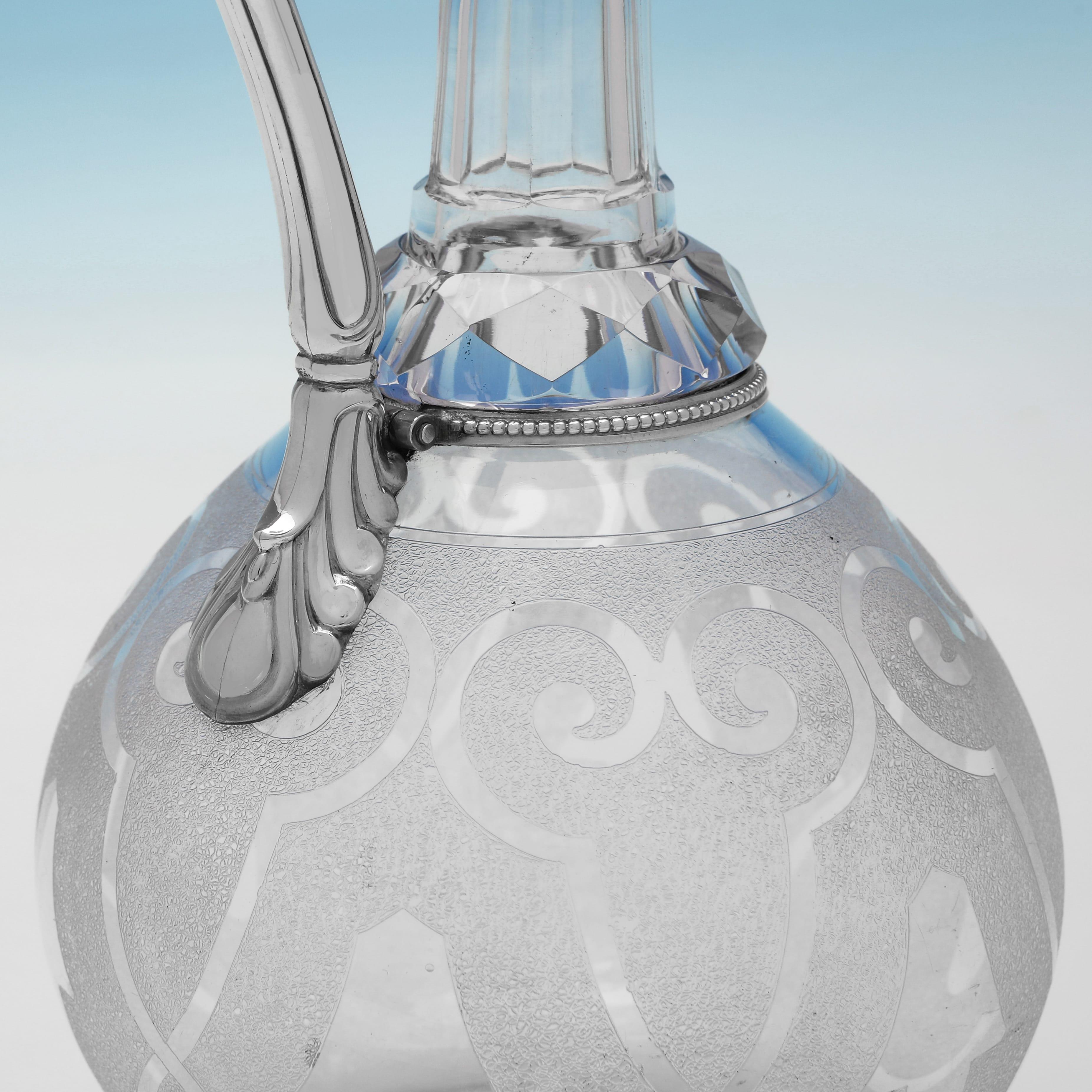 Mid-19th Century Victorian etched glass & sterling silver claret jug - Birmingham 1867 For Sale