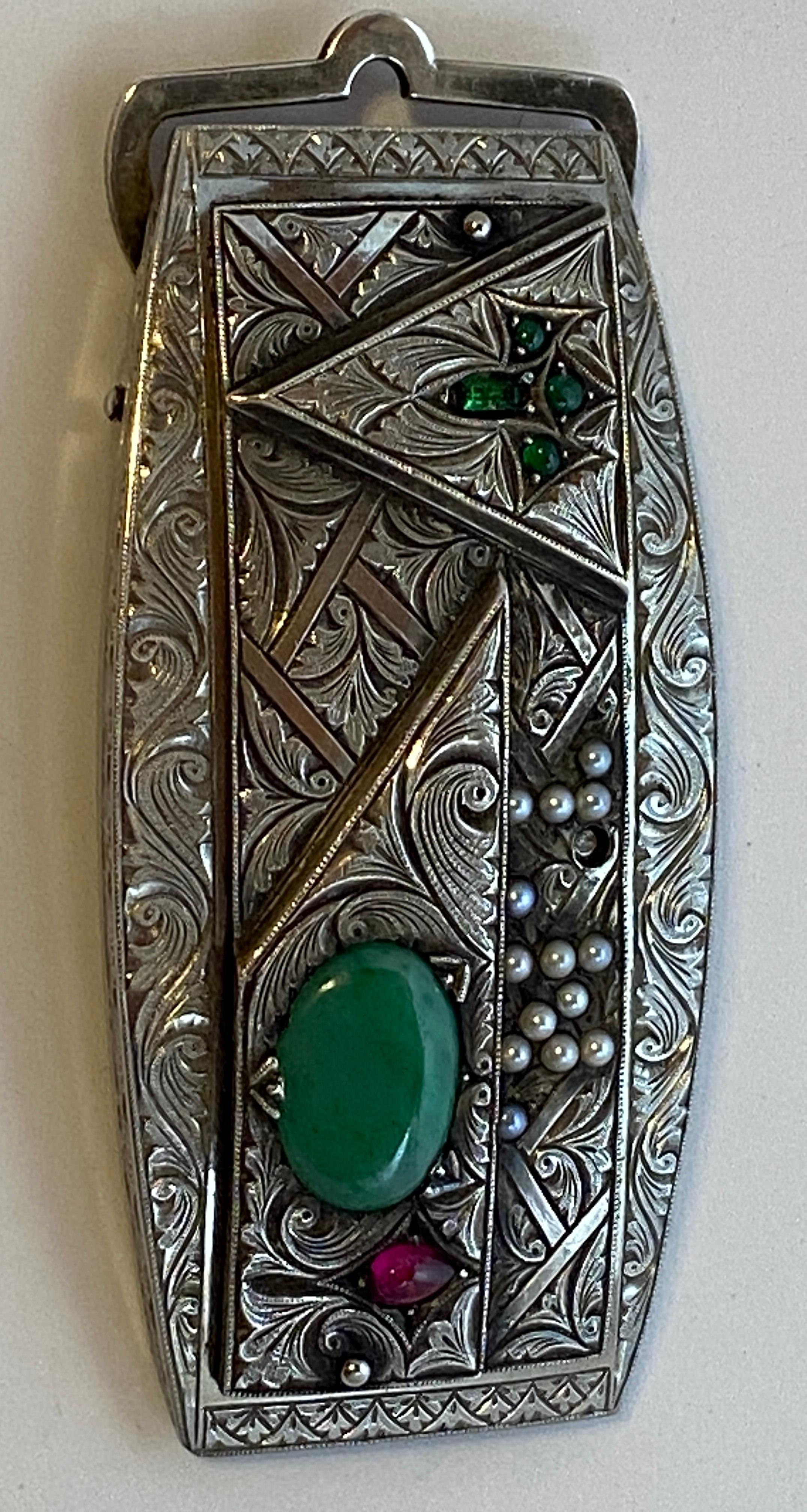 Victorian Etched Silver Belt Buckle with Jade, Ruby, Emeralds and Pearls  For Sale 6
