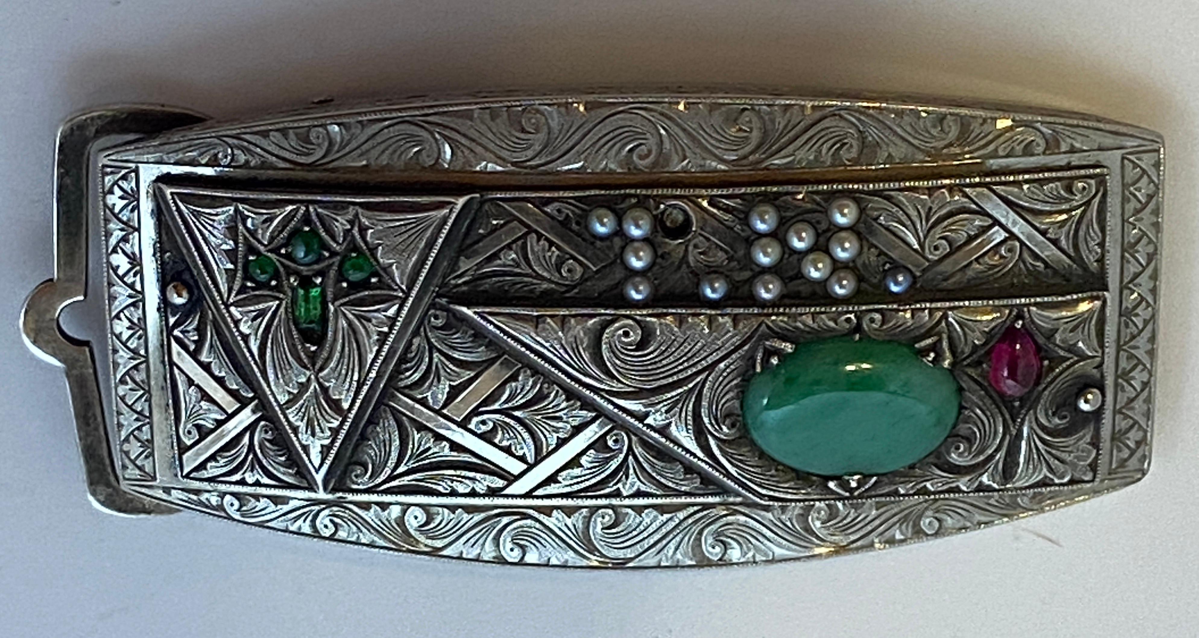 Victorian Etched Silver Belt Buckle with Jade, Ruby, Emeralds and Pearls  For Sale 10