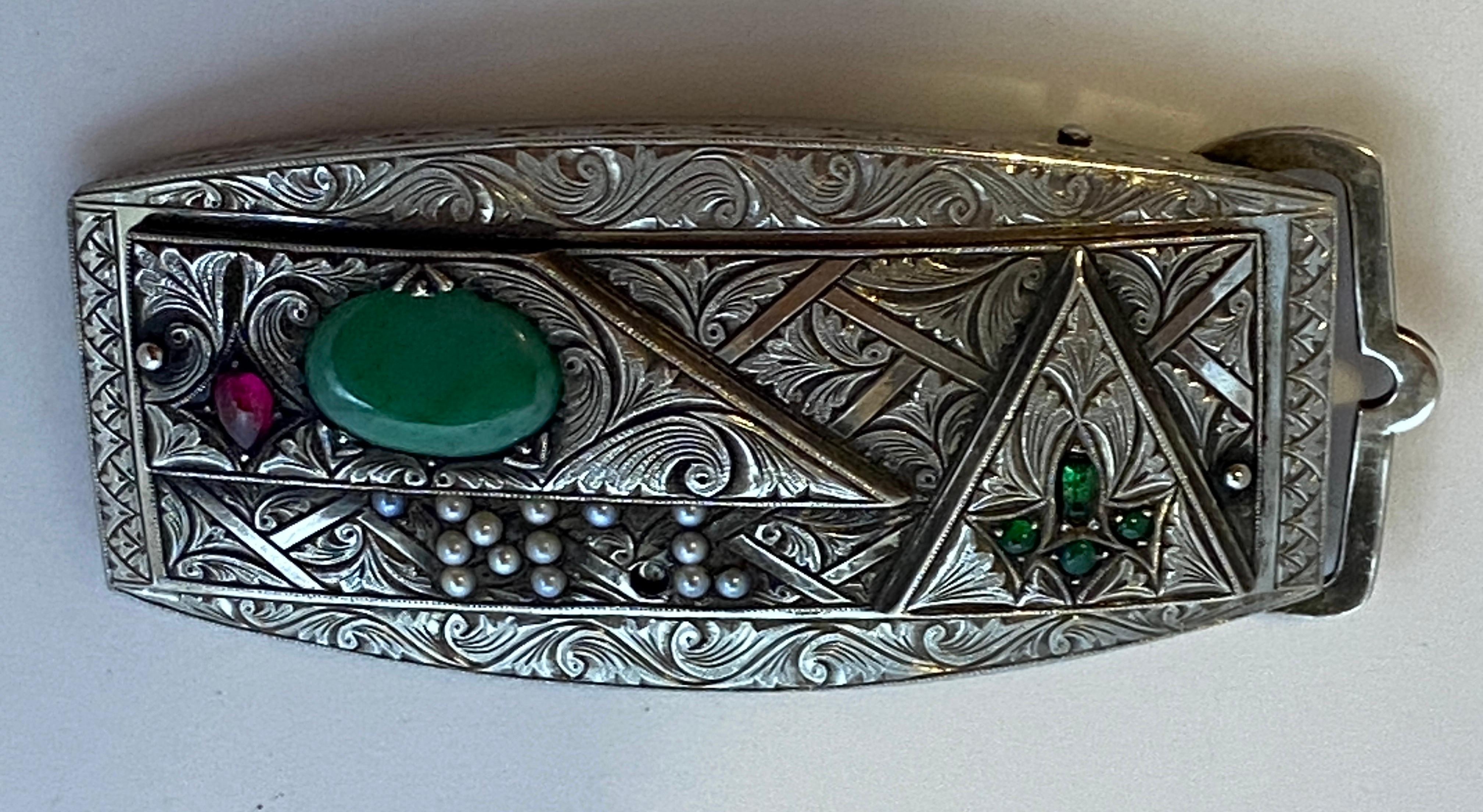 Victorian Etched Silver Belt Buckle with Jade, Ruby, Emeralds and Pearls  For Sale 14