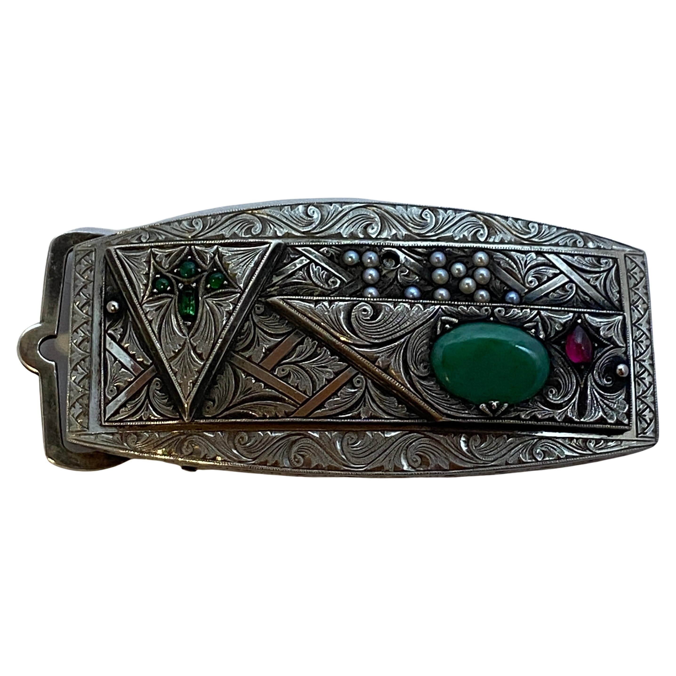 Victorian Etched Silver Belt Buckle with Jade, Ruby, Emeralds and Pearls  For Sale