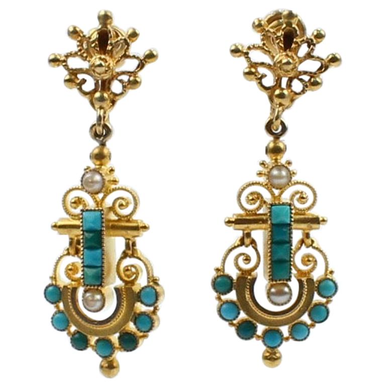 Victorian Etruscan 14 Karat Gold, Turquoise and Pearl Clip-On Earrings