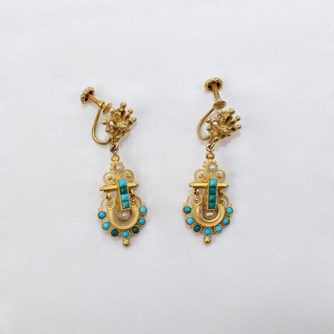 Victorian Etruscan 14 Karat Gold, Turquoise and Pearl Clip-On Earrings 3