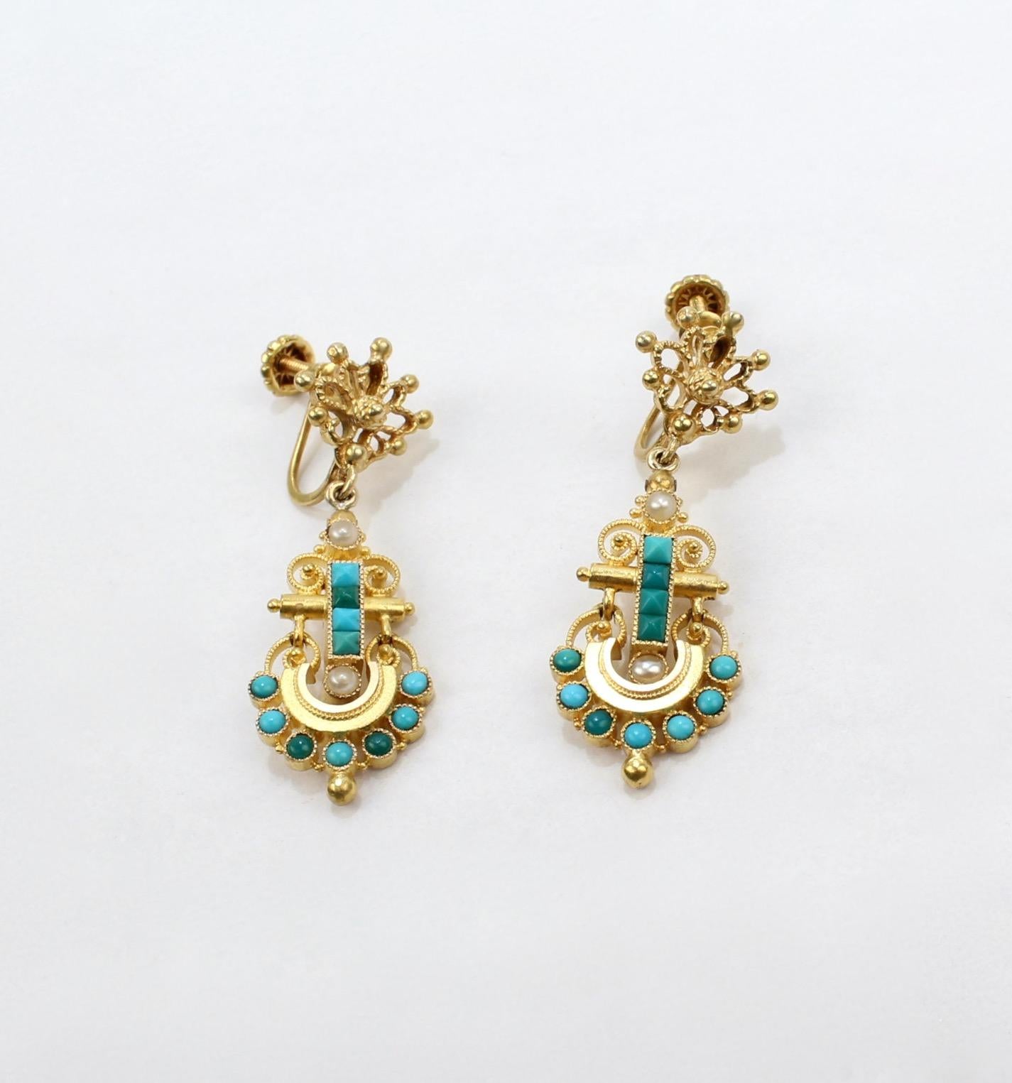 Victorian Etruscan 14 Karat Gold, Turquoise and Pearl Clip-On Earrings 5