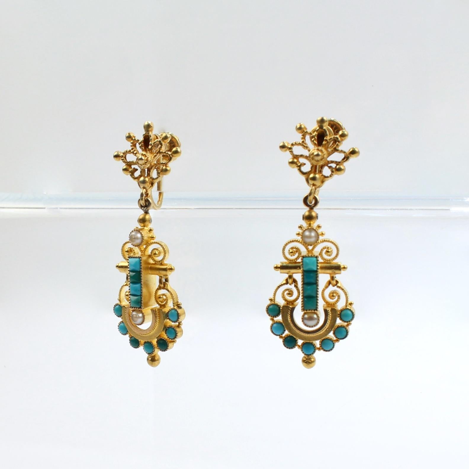 Etruscan Revival Victorian Etruscan 14 Karat Gold, Turquoise and Pearl Clip-On Earrings