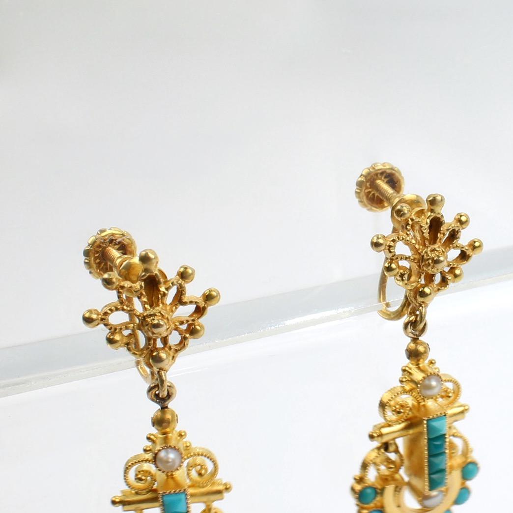 Cabochon Victorian Etruscan 14 Karat Gold, Turquoise and Pearl Clip-On Earrings