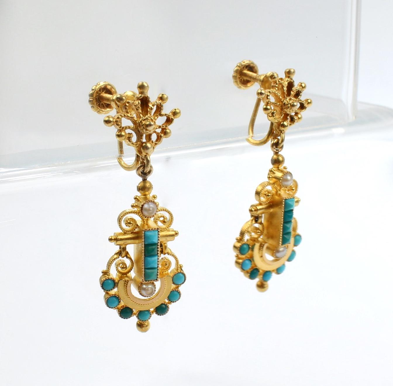 Victorian Etruscan 14 Karat Gold, Turquoise and Pearl Clip-On Earrings In Good Condition In Philadelphia, PA
