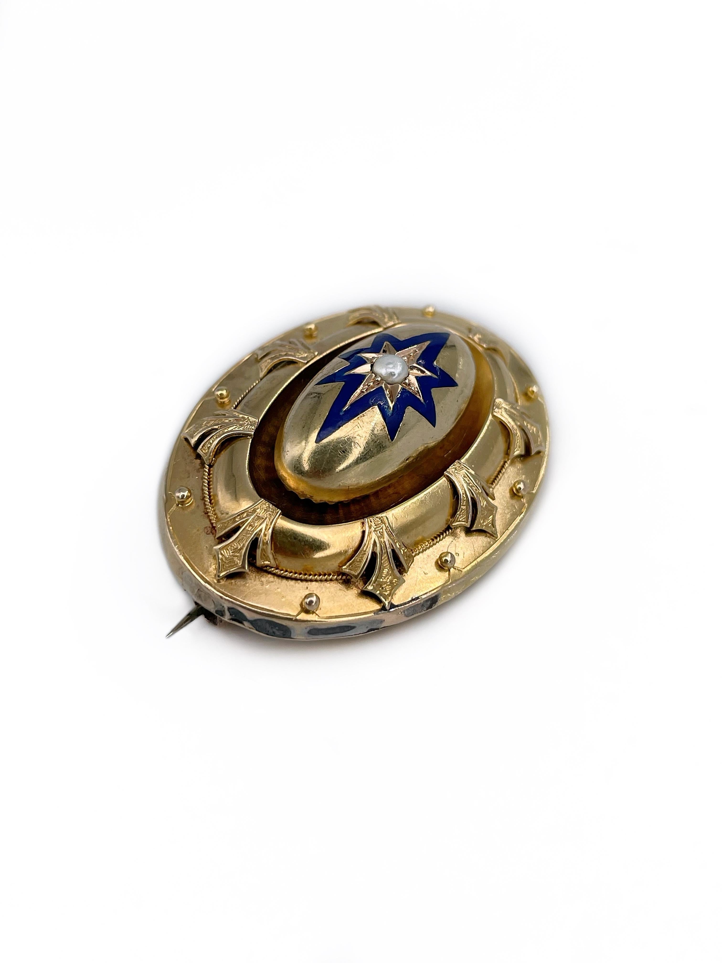 Round Cut Victorian Etruscan 15 Karat Gold Blue Enamel Pearl Star Motif Locket Pin Brooch For Sale