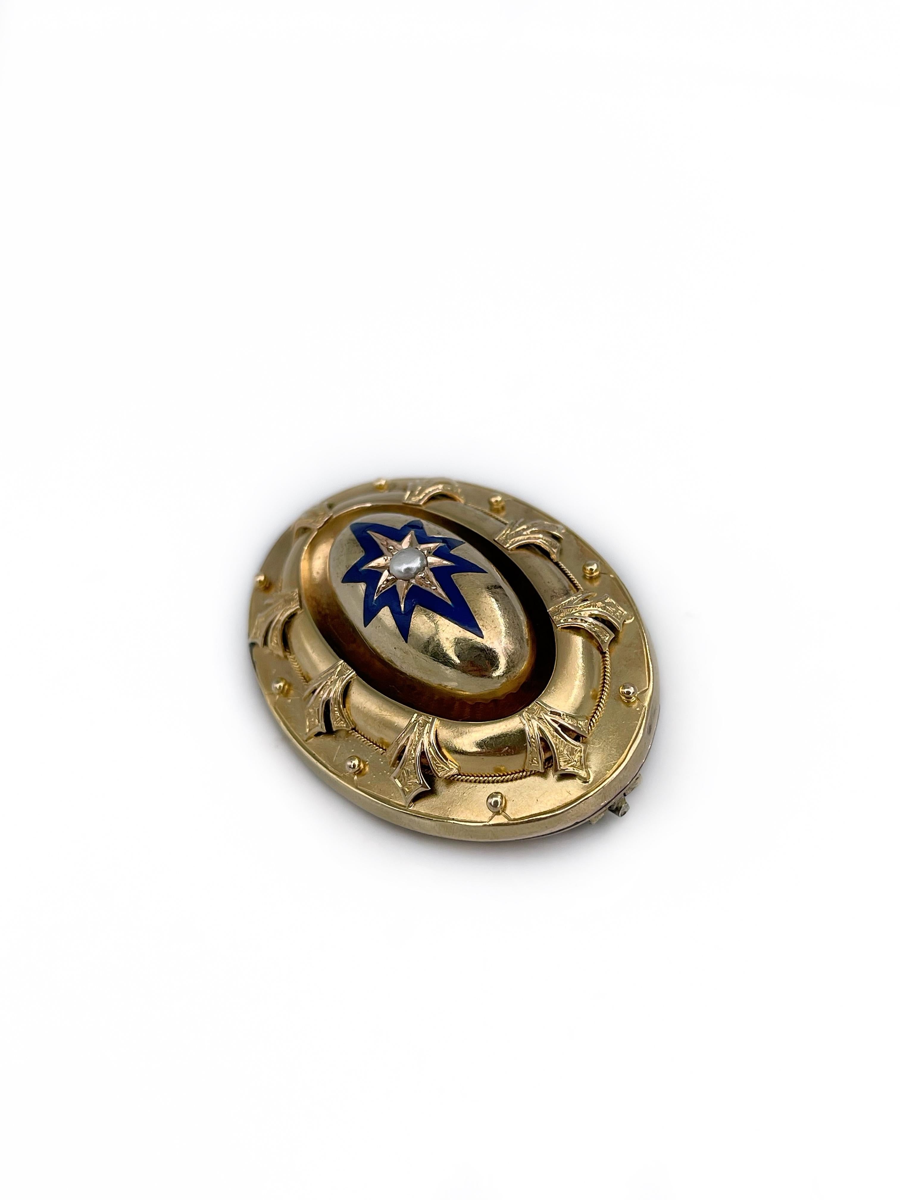 Women's or Men's Victorian Etruscan 15 Karat Gold Blue Enamel Pearl Star Motif Locket Pin Brooch For Sale