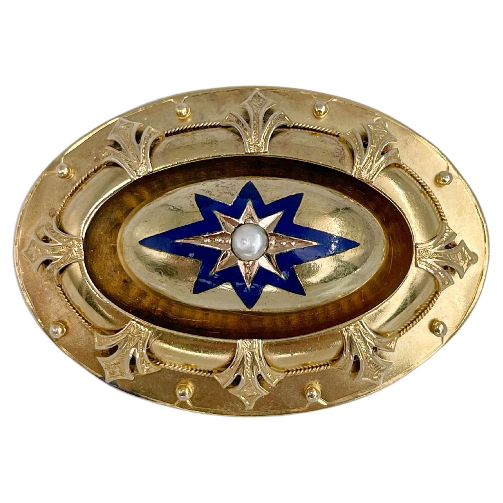 Victorian Etruscan 15 Karat Gold Blue Enamel Pearl Star Motif Locket Pin Brooch For Sale