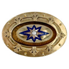 Viktorianische etruskische Medaillon-Anstecknadelbrosche aus 15 Karat Gold mit blauer Emaille und Sternmotiv