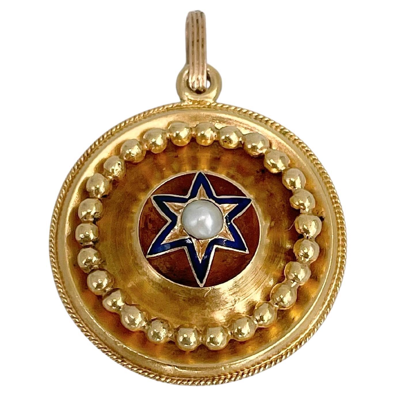 Victorian Etruscan 14 Karat Gold Blue Enamel Pearl Star Motif Pendant