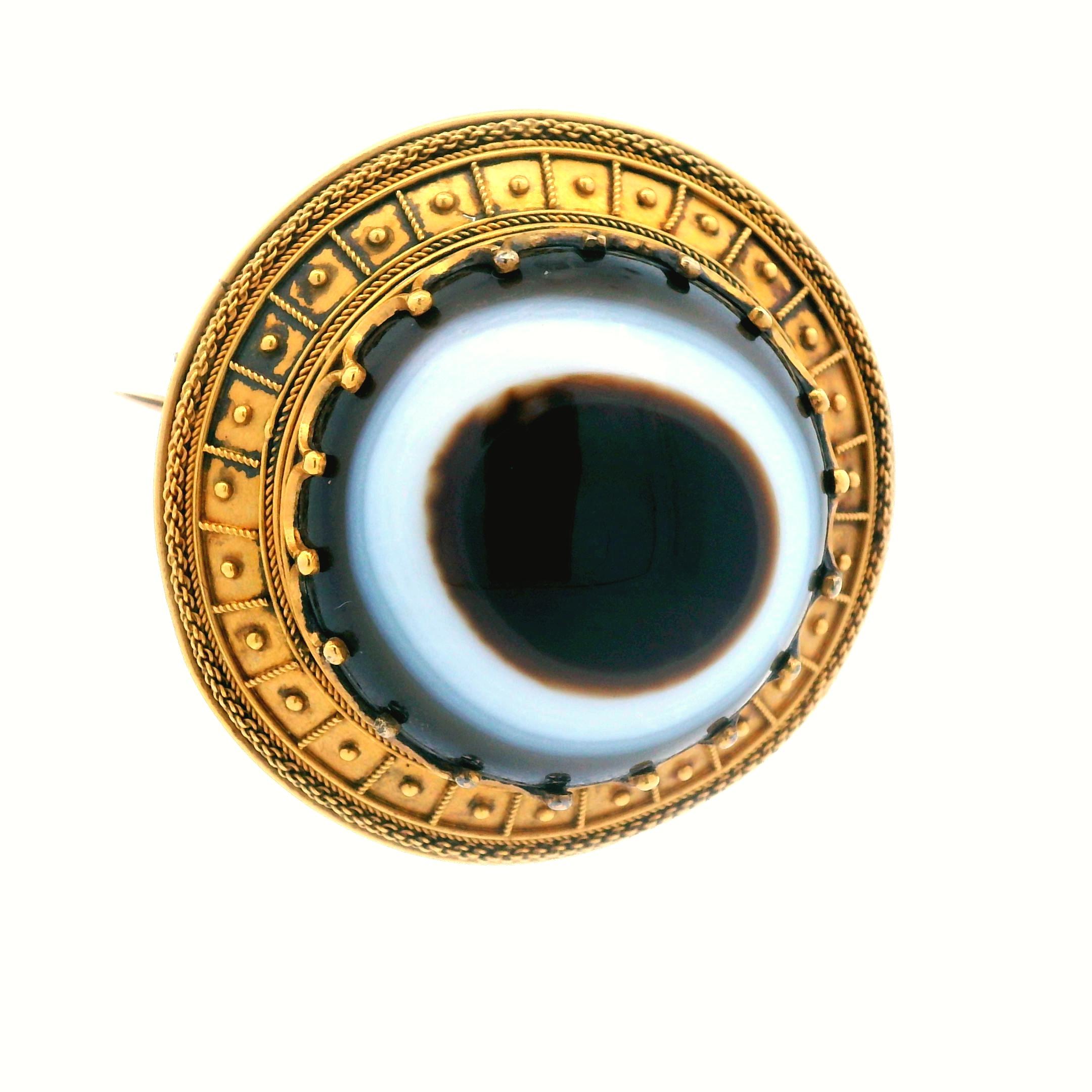 Victorian Etruscan 18K Yellow Gold Agate EYE  Pin with Papal Mark In Good Condition For Sale In Lexington, KY