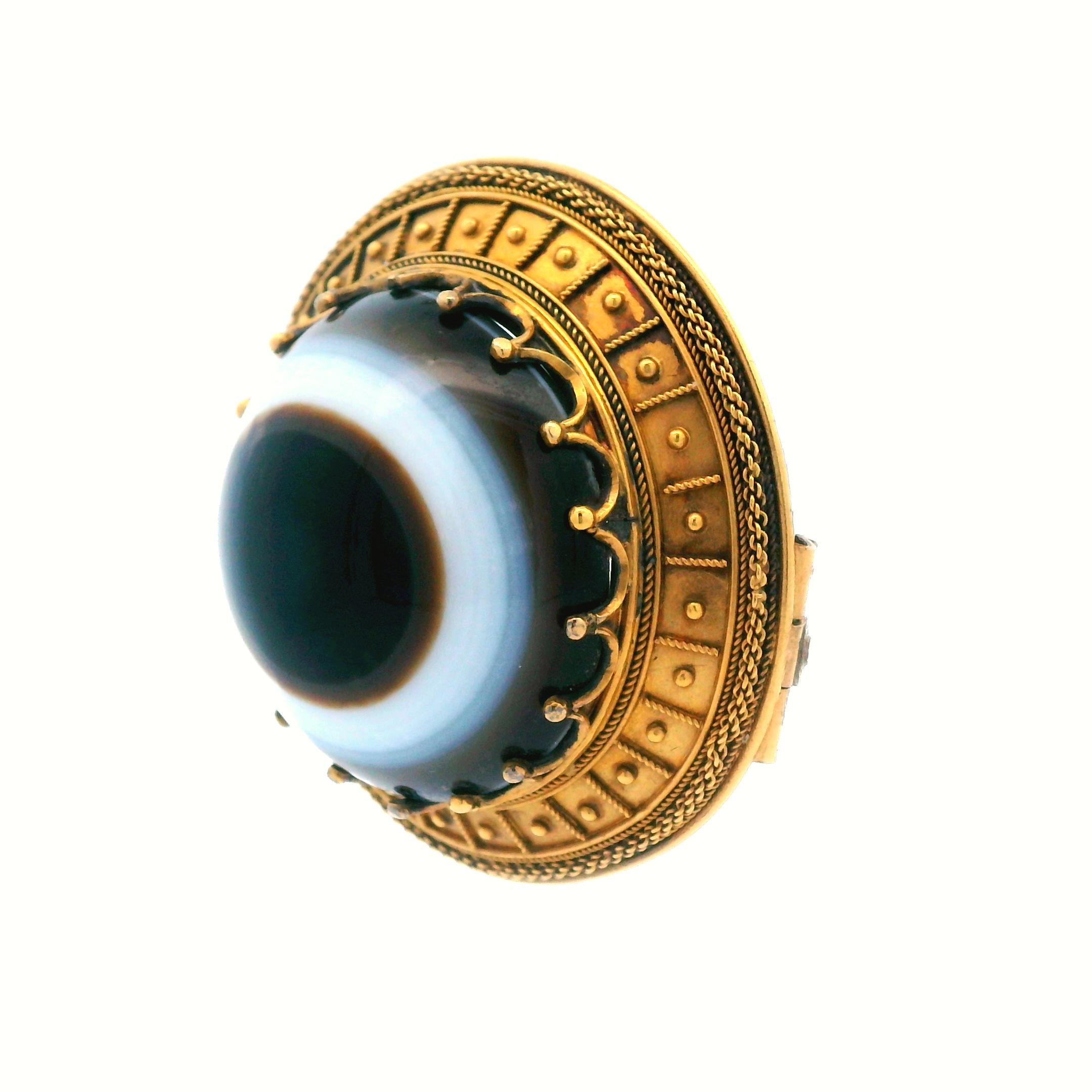 Victorian Etruscan 18K Yellow Gold Agate EYE  Pin with Papal Mark For Sale 1