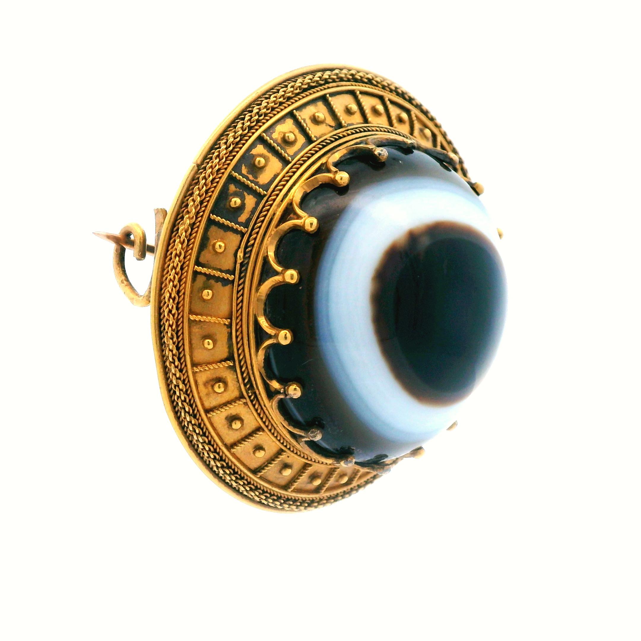 Women's Victorian Etruscan 18K Yellow Gold Agate EYE  Pin with Papal Mark For Sale