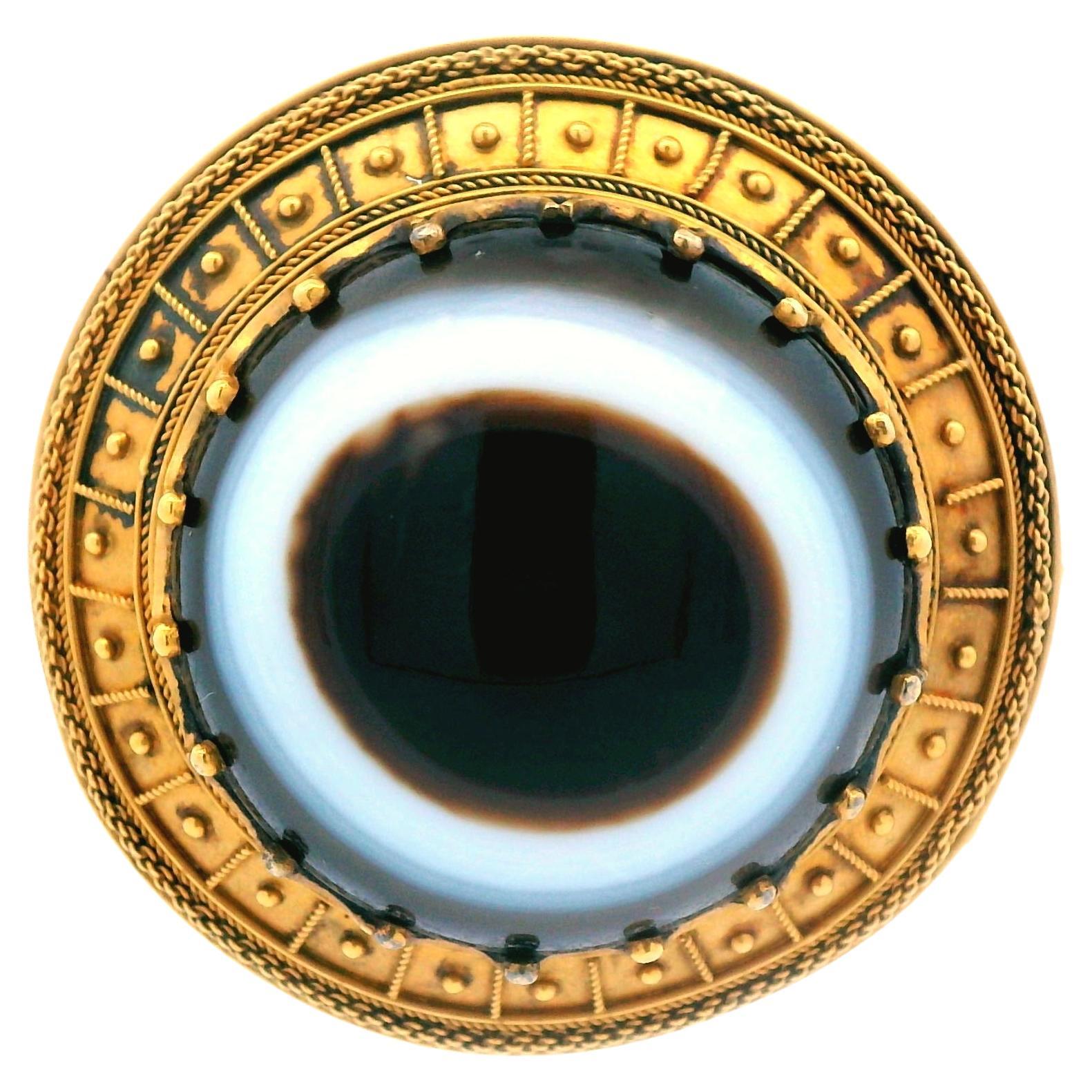 Victorian Etruscan 18K Yellow Gold Agate EYE  Pin with Papal Mark For Sale