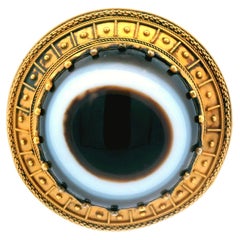Victorian Etruscan 18K Yellow Gold Agate EYE  Pin with Papal Mark