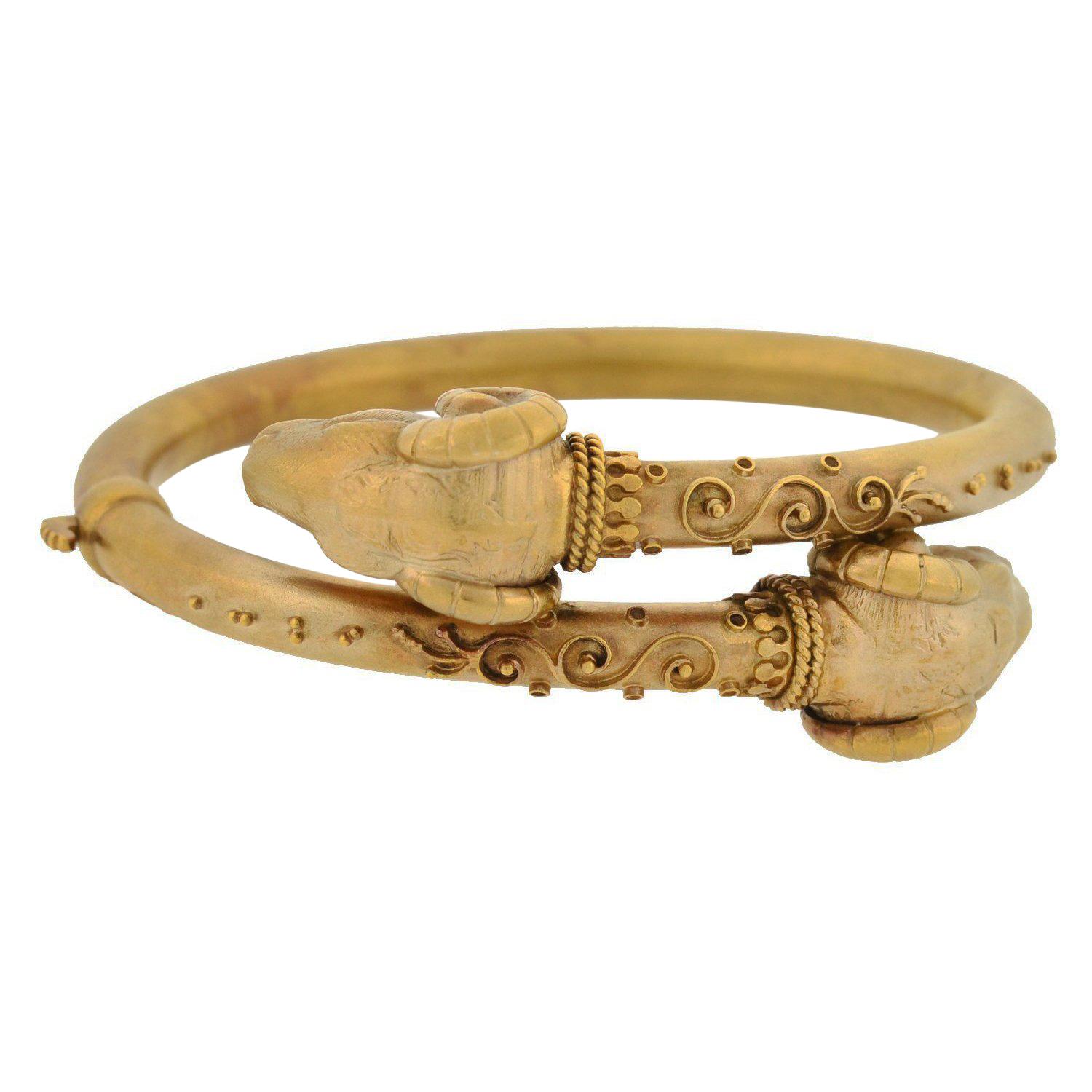 Victorian Etruscan Double Ram's Head Bypass Bracelet