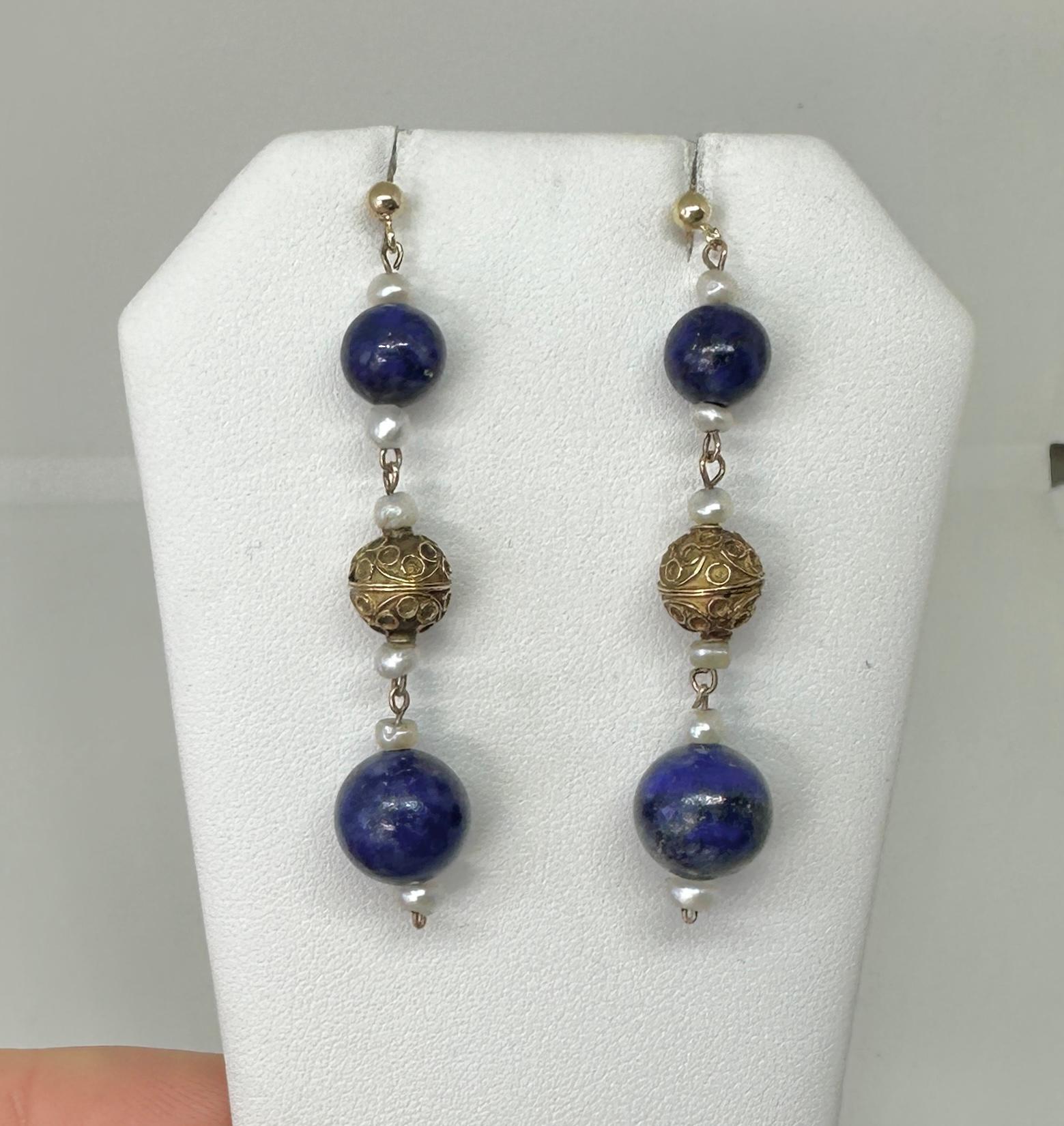 Bead Victorian Etruscan Lapis Lazuli Pendant Dangle Drop Earrings 14 -18 Karat Gold For Sale