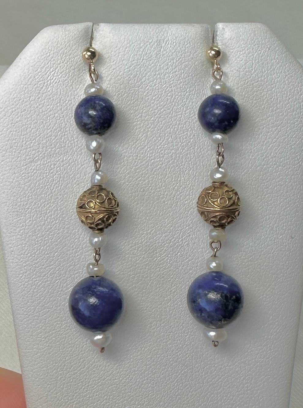 Victorian Etruscan Lapis Lazuli Pendant Dangle Drop Earrings 14 -18 Karat Gold In Excellent Condition For Sale In New York, NY