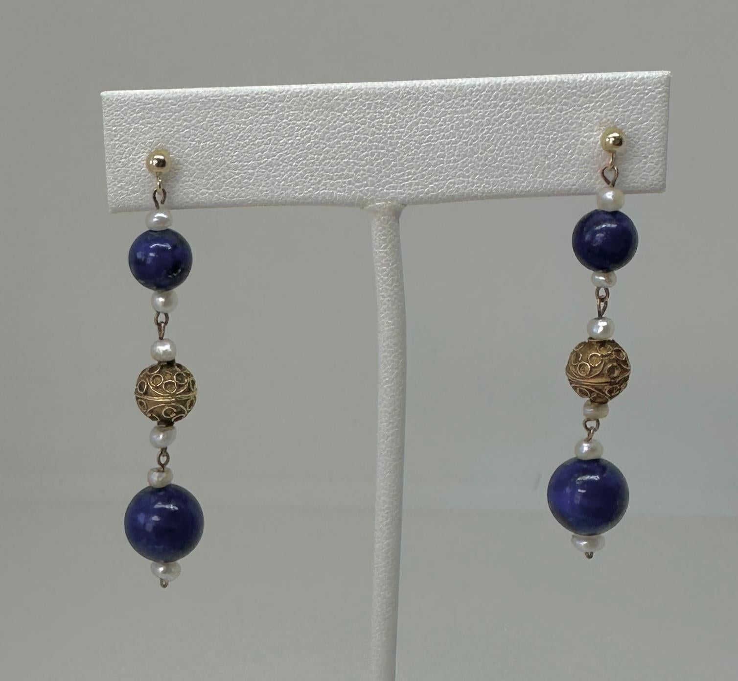 Women's or Men's Victorian Etruscan Lapis Lazuli Pendant Dangle Drop Earrings 14 -18 Karat Gold For Sale