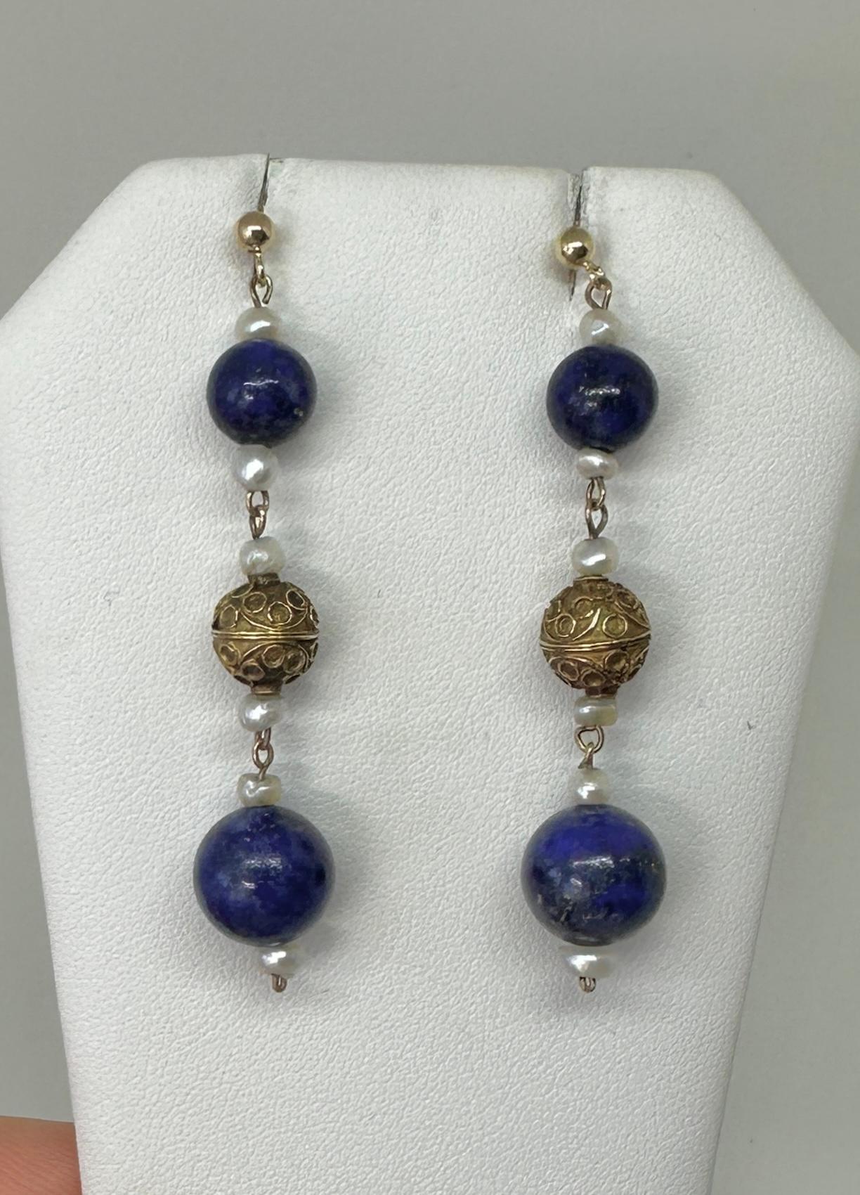 Victorian Etruscan Lapis Lazuli Pendant Dangle Drop Earrings 14 -18 Karat Gold For Sale 1