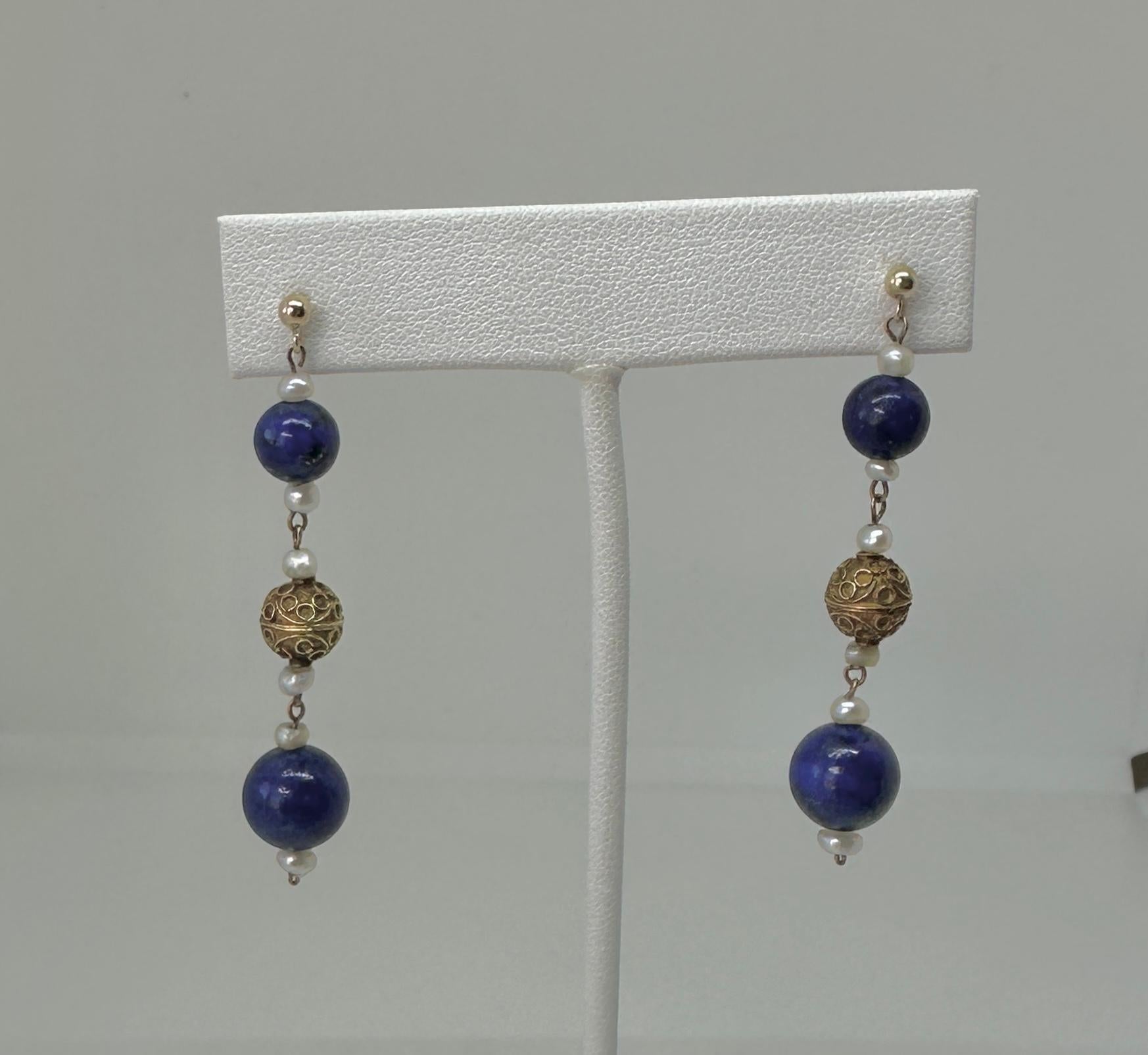 Victorian Etruscan Lapis Lazuli Pendant Dangle Drop Earrings 14 -18 Karat Gold For Sale 2