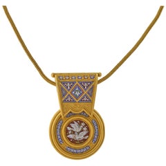 Antique Victorian Etruscan Micro Mosaic Bird Locket and Woven Chain in Original Box
