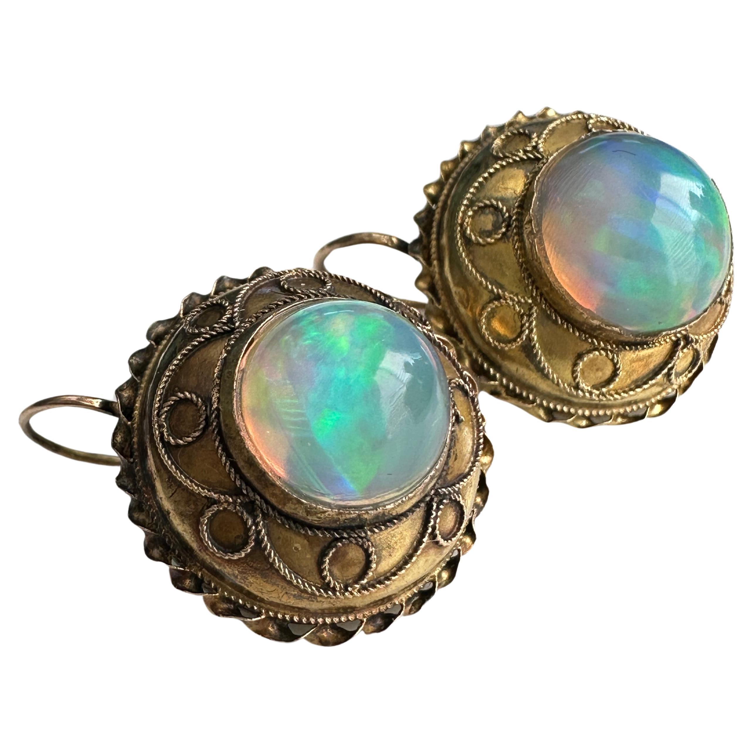 Victorian Etruscan Opal 14K Yellow Gold Earrings