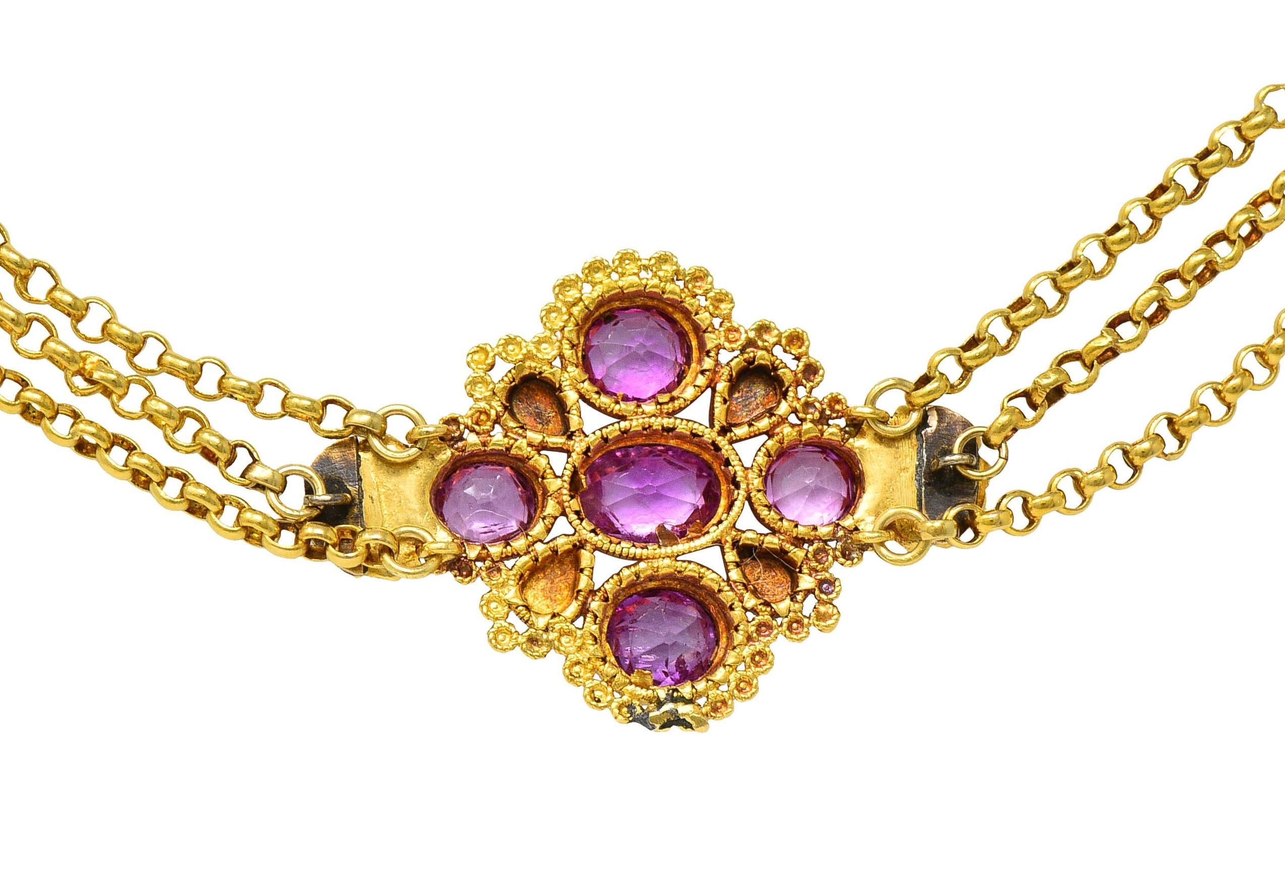 Victorian Etruscan Pink Sapphire Turquoise 18K Gold Antique Station Necklace For Sale 4