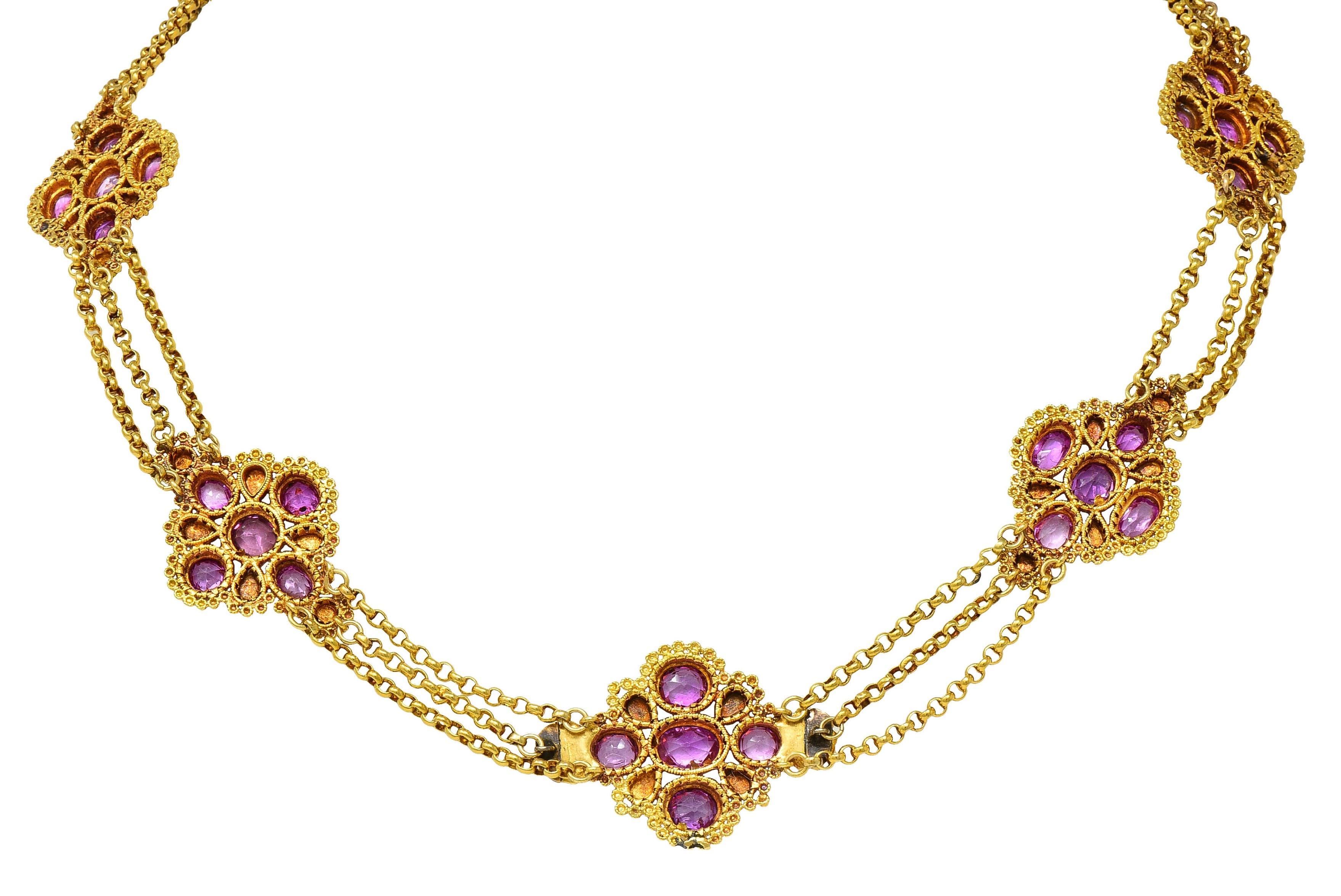 Victorian Etruscan Pink Sapphire Turquoise 18K Gold Antique Station Necklace For Sale 6