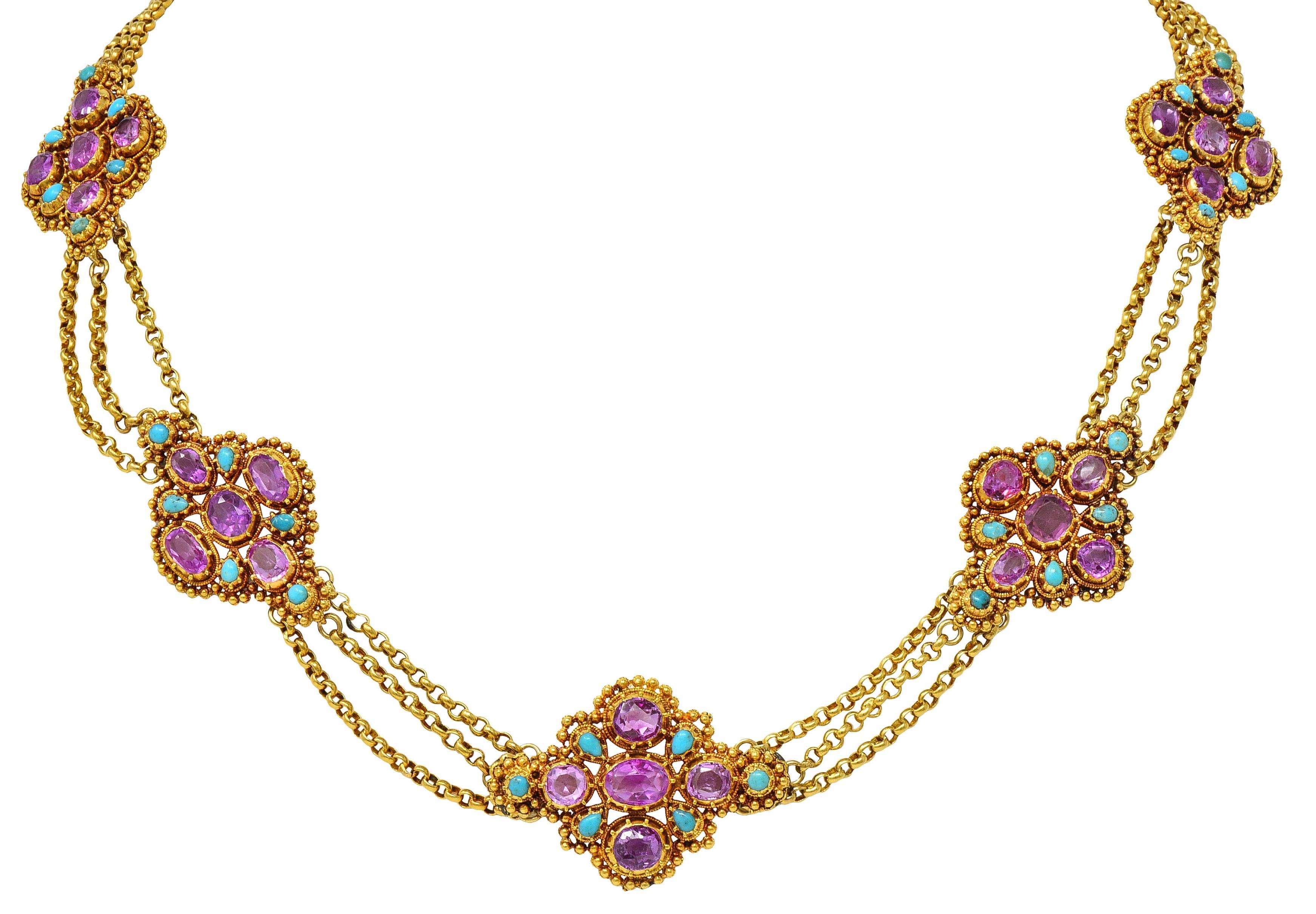 Victorian Etruscan Pink Sapphire Turquoise 18K Gold Antique Station Necklace For Sale 7