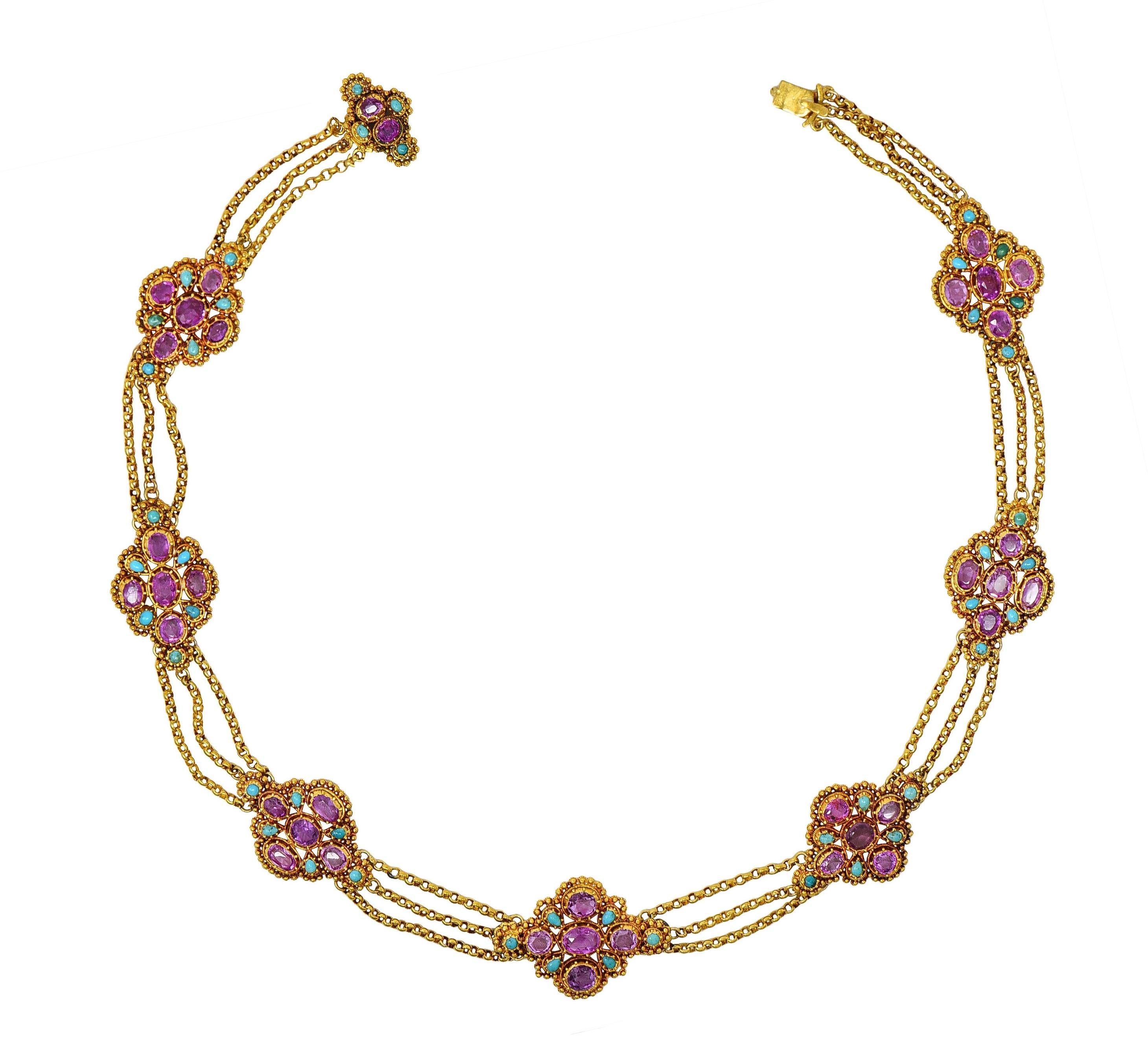 Comprised of three tiers of swagged cable link chain suspended between stations
Designed as Maltese forms with granulation and filigree detailing
Bezel set with cushion cut sapphires weighing approximately 18.40 carats 
Transparent light to medium