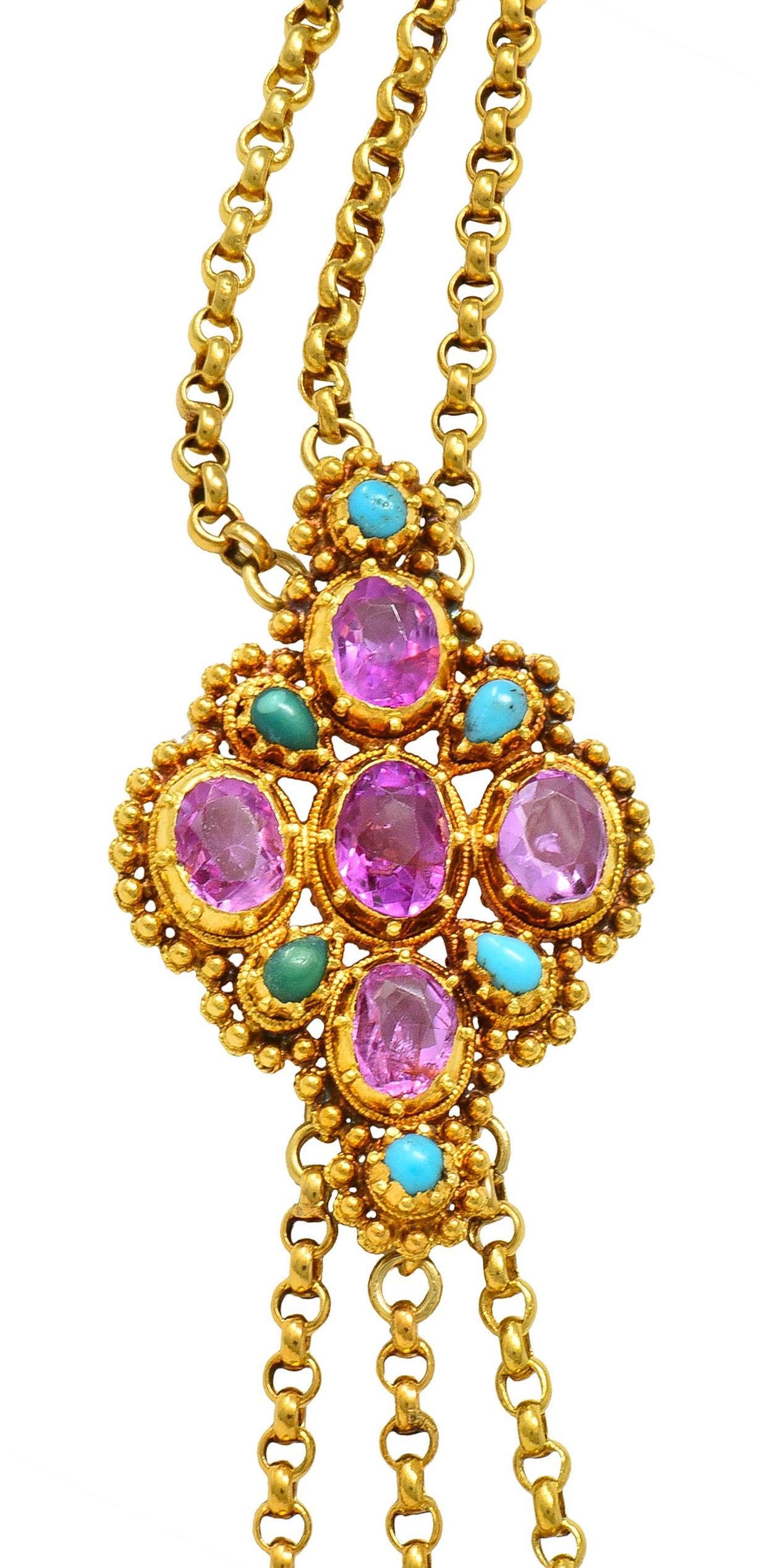 Etruscan Revival Victorian Etruscan Pink Sapphire Turquoise 18K Gold Antique Station Necklace For Sale