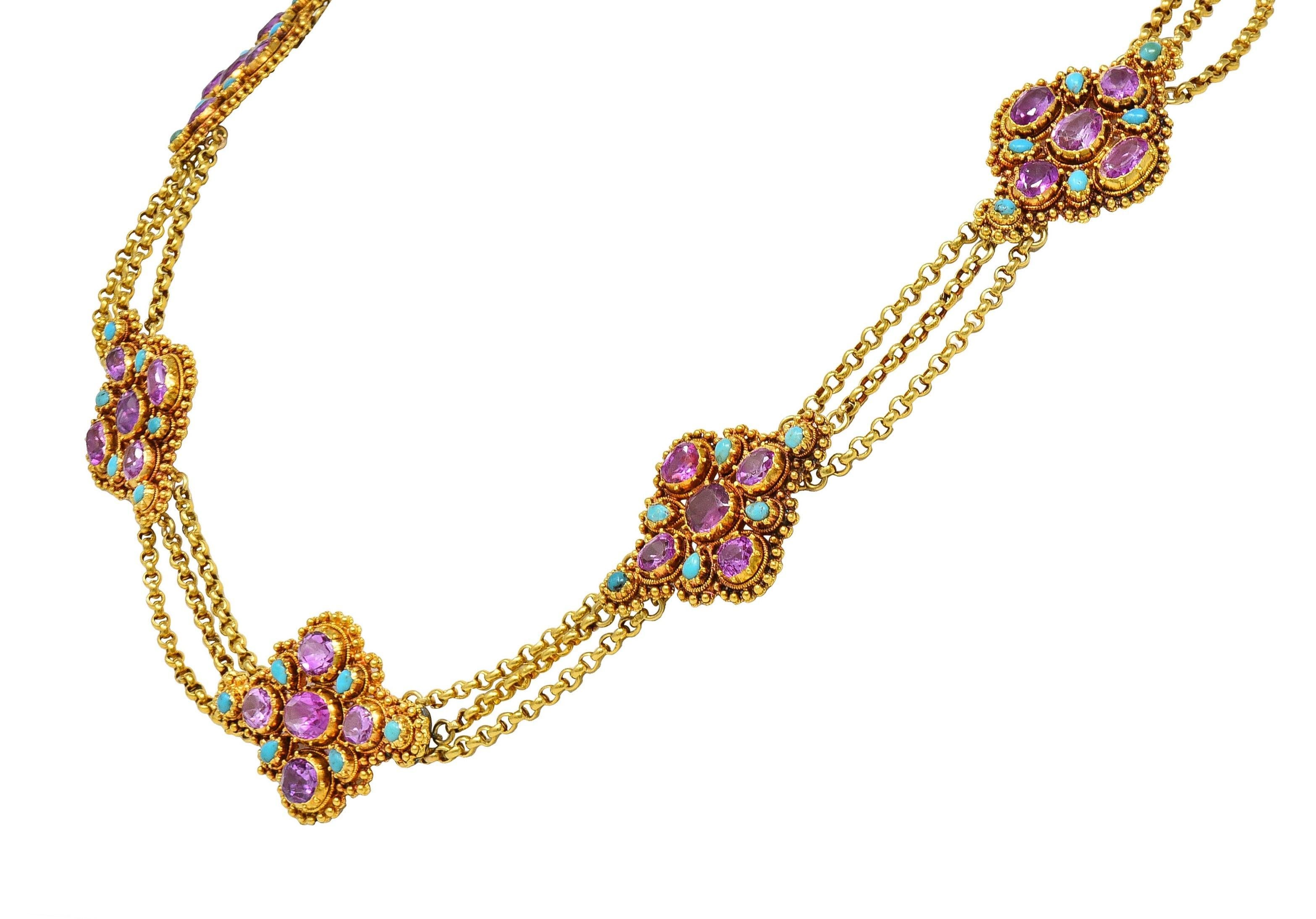 Victorian Etruscan Pink Sapphire Turquoise 18K Gold Antique Station Necklace In Excellent Condition For Sale In Philadelphia, PA