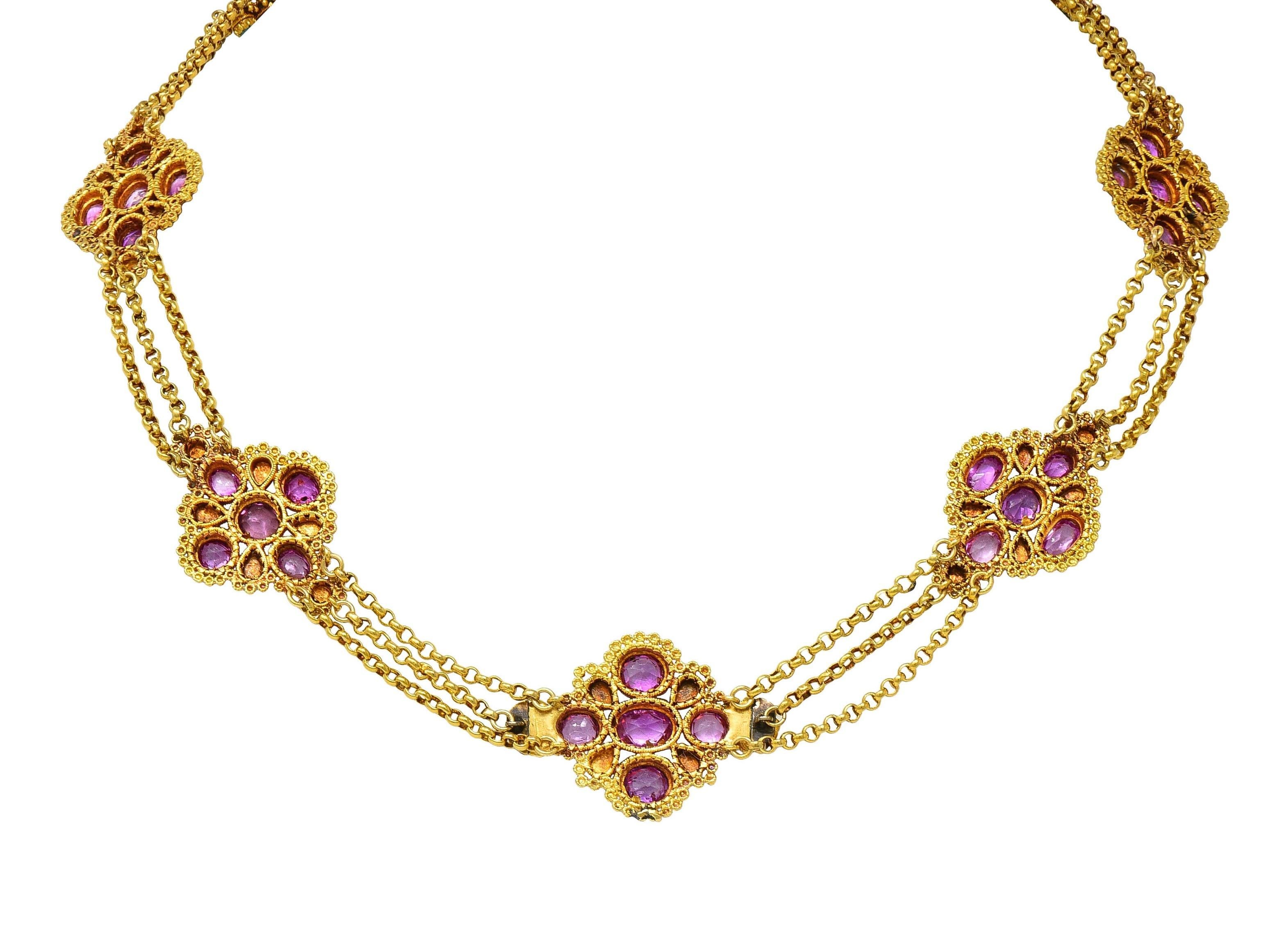 Women's or Men's Victorian Etruscan Pink Sapphire Turquoise 18K Gold Antique Station Necklace For Sale
