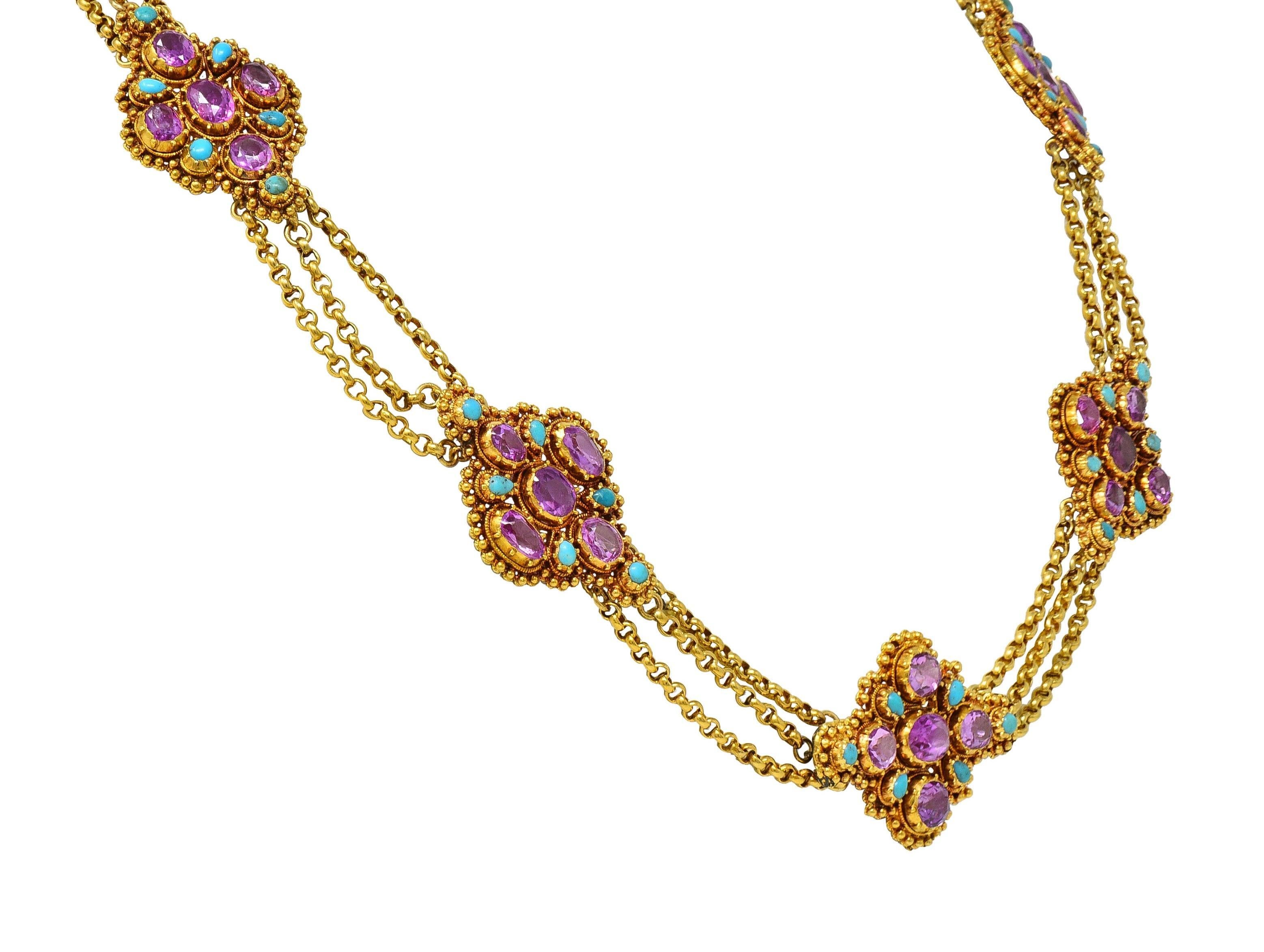 Victorian Etruscan Pink Sapphire Turquoise 18K Gold Antique Station Necklace For Sale 1