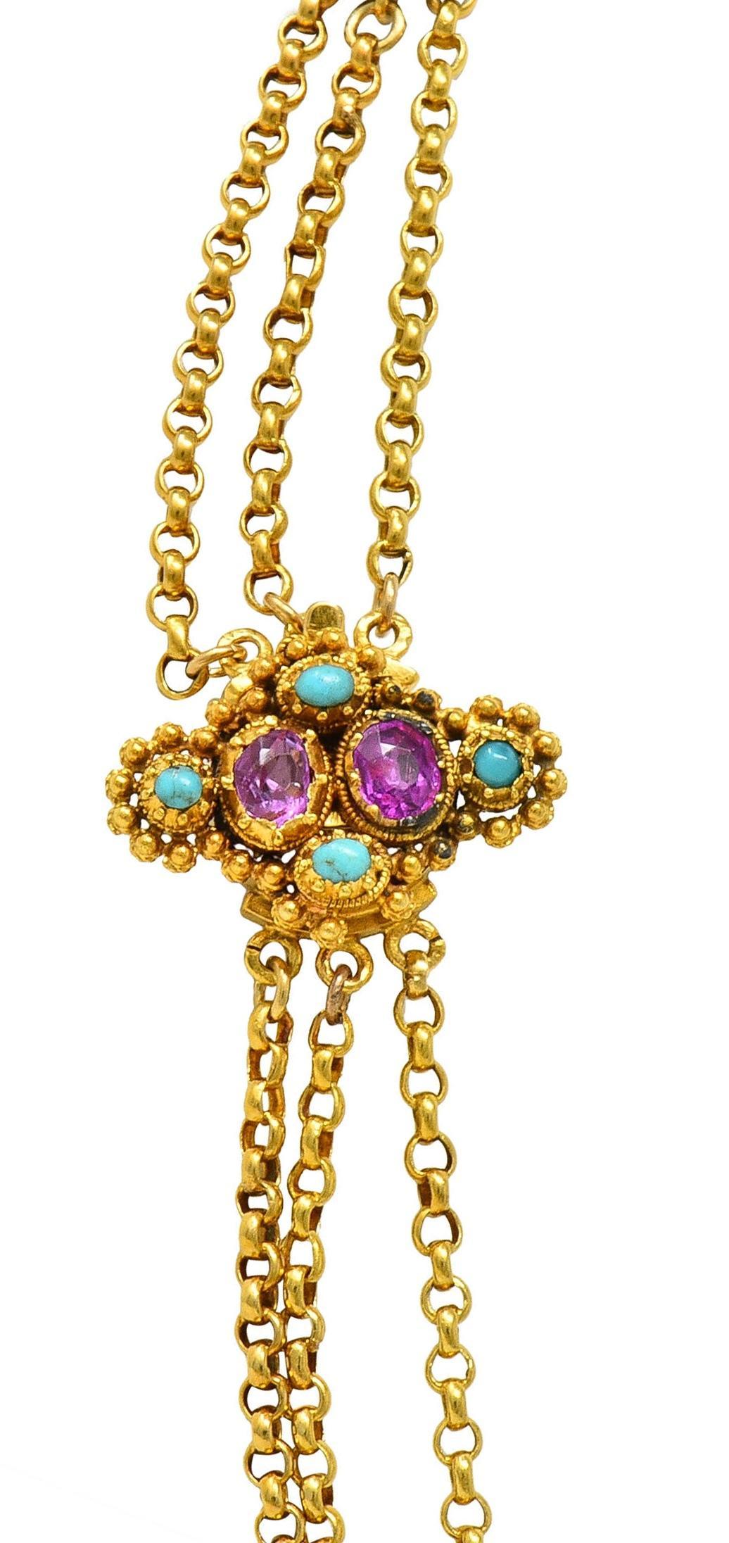 Victorian Etruscan Pink Sapphire Turquoise 18K Gold Antique Station Necklace For Sale 3