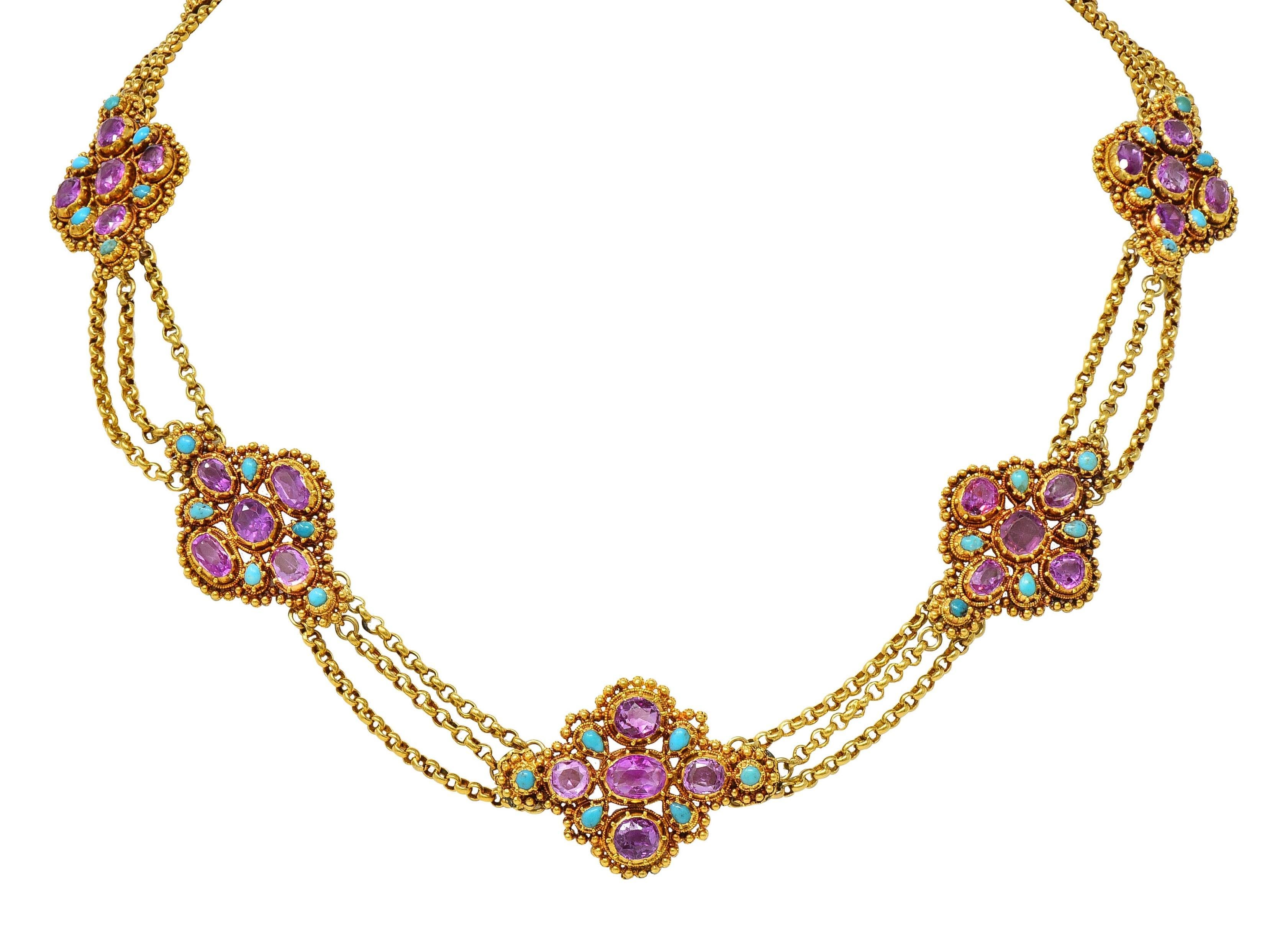Victorian Etruscan Pink Sapphire Turquoise 18K Gold Antique Station Necklace For Sale