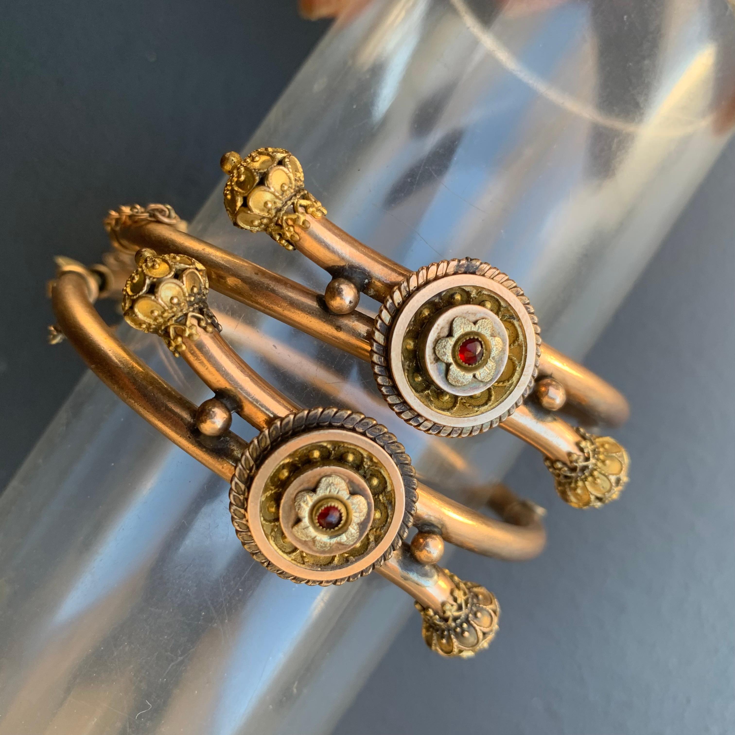 Round Cut Victorian Etruscan Rev Gold Filled Wirework Wedding Bangle Bracelet Set For Sale