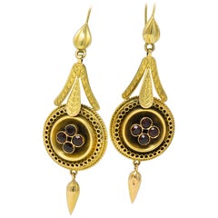 Victorian Etruscan Revival 1.15 Carat Garnet 14 Karat Gold Drop Earrings