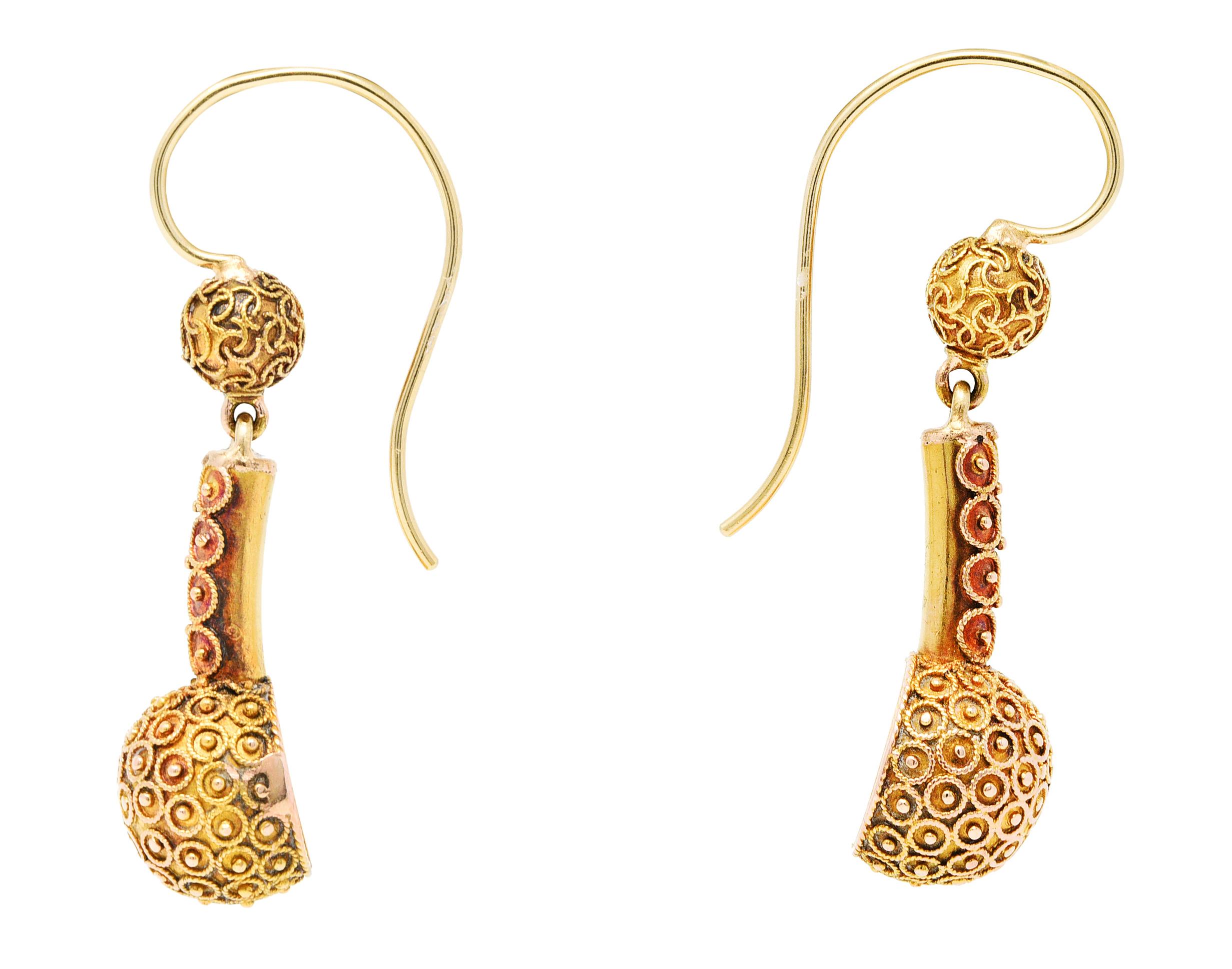 Victorian Etruscan Revival 14 Karat Gold Drop Earrings In Excellent Condition In Philadelphia, PA