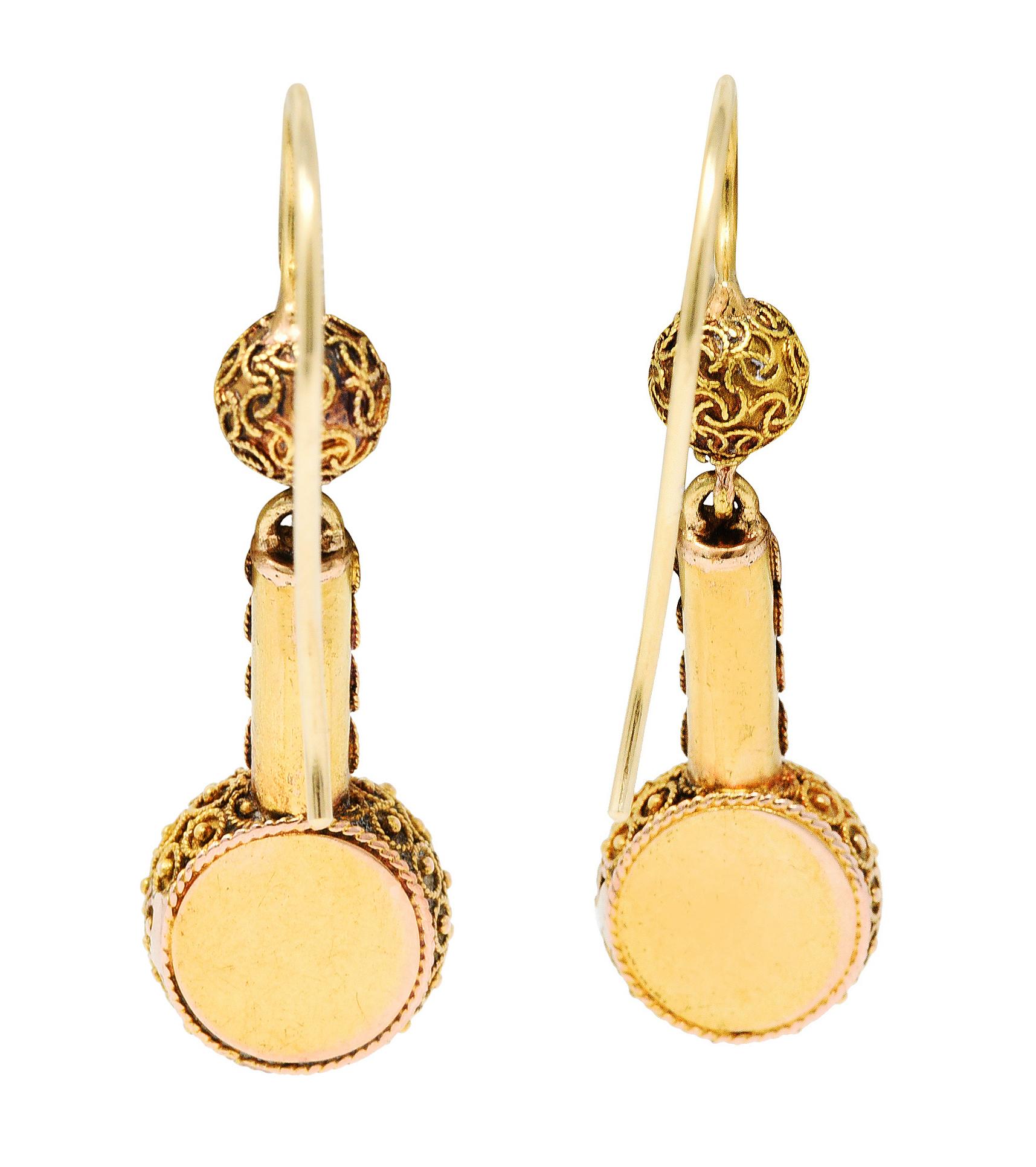 Women's or Men's Victorian Etruscan Revival 14 Karat Gold Drop Earrings