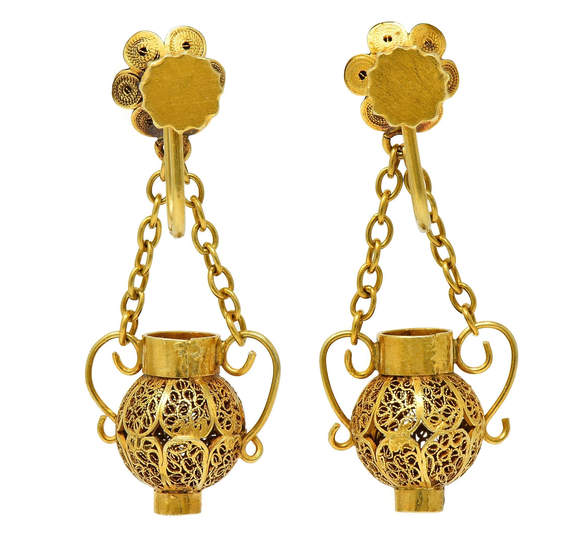Women's or Men's Victorian Etruscan Revival 14 Karat Gold Floral Antique Drop Screw-Back Earrings For Sale